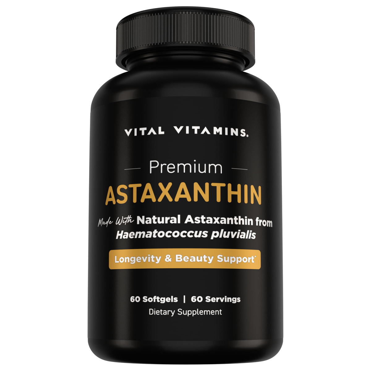 Vital Vitamins Astaxantina 12mg, botella: apoyo diario a la hidratación y elasticidad de la piel.
