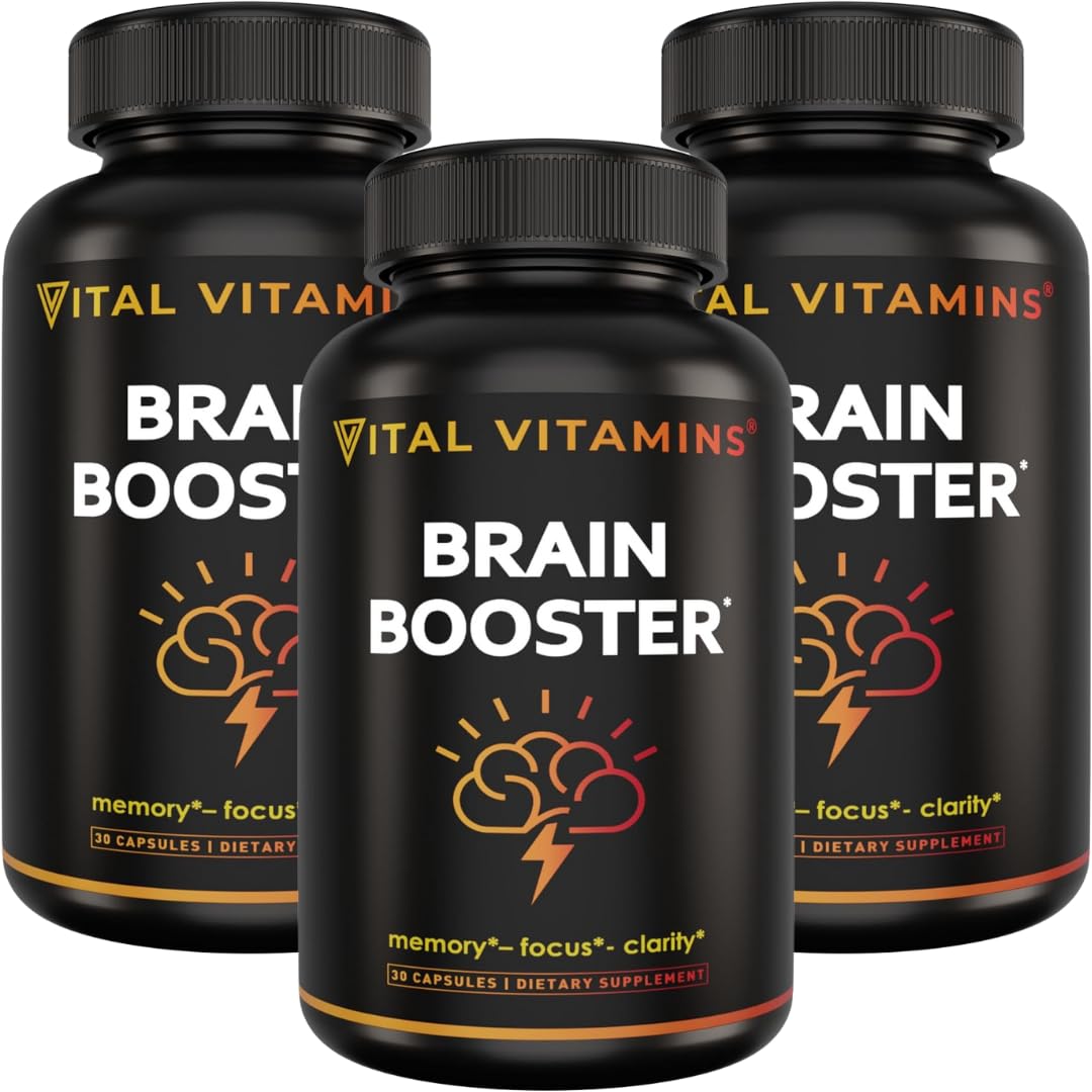 Vital Vitamins Brain Booster en botella: enfoque sostenido para tareas diarias.