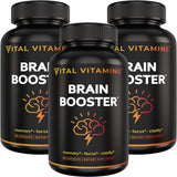 Vital Vitamins Brain Booster en botella: enfoque sostenido para tareas diarias.