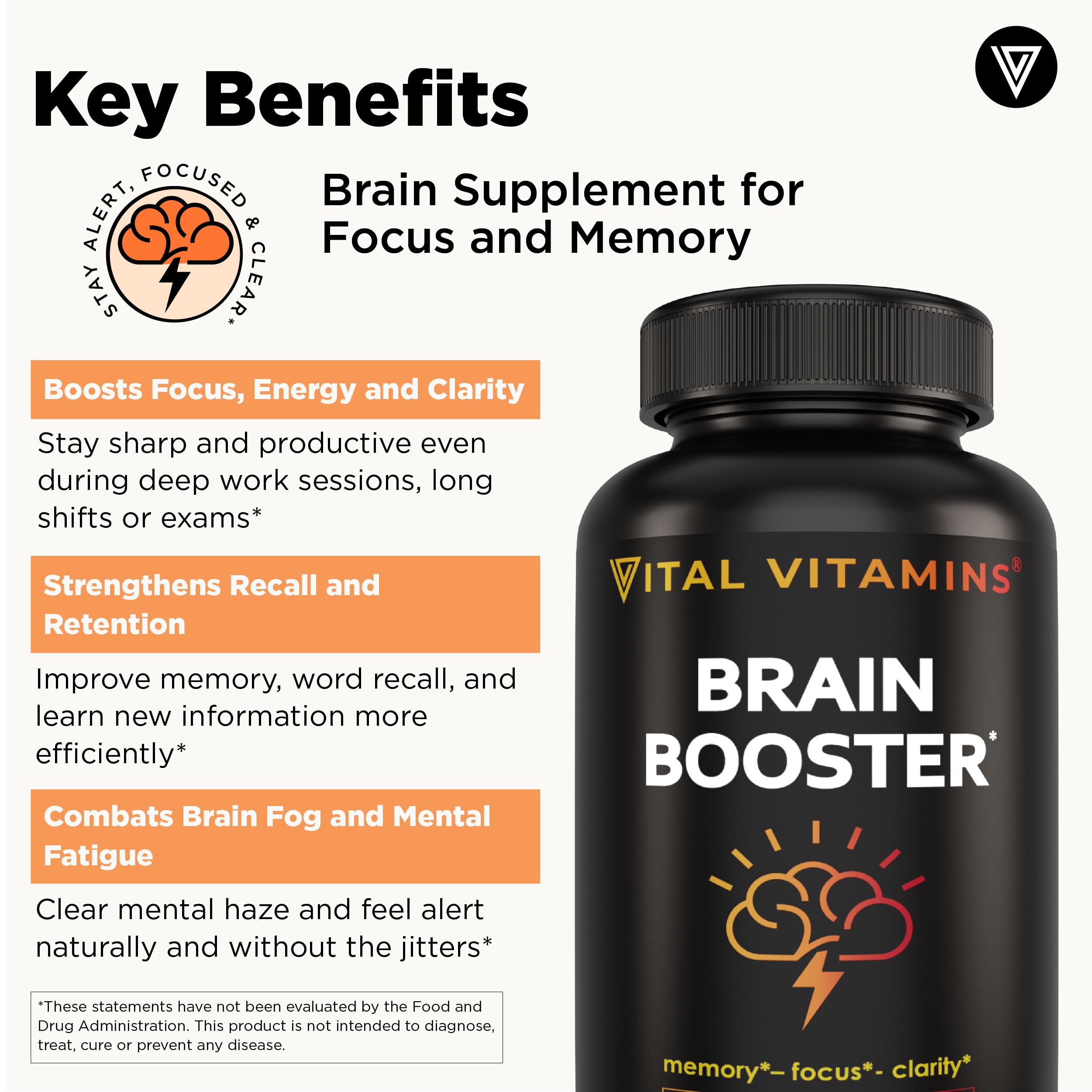 Vital Vitamins Brain Booster tableta: dosis diaria simple para claridad mental.