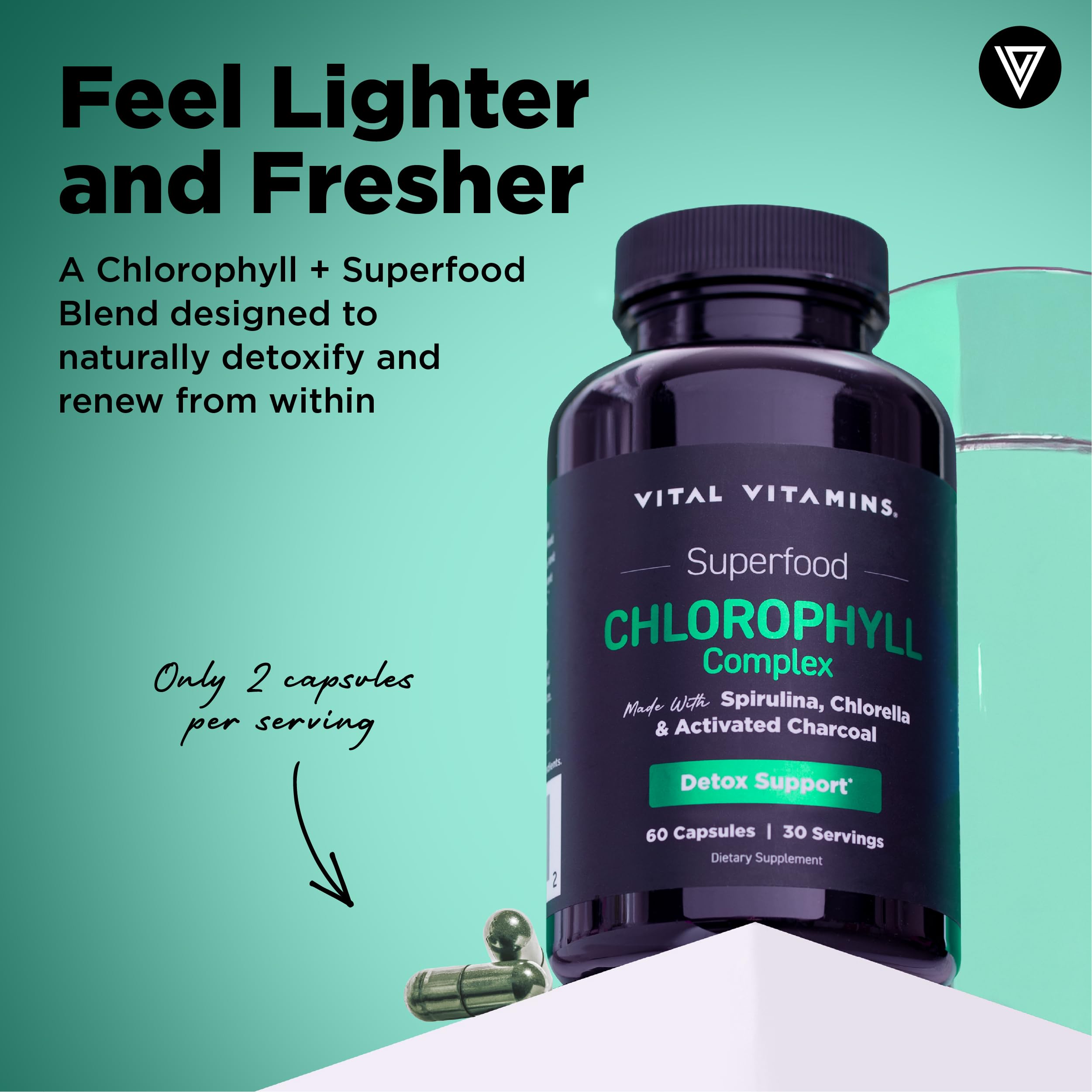 Vital Vitamins clorofilo cápsulas, primer plano: sensación de frescura durante el día.