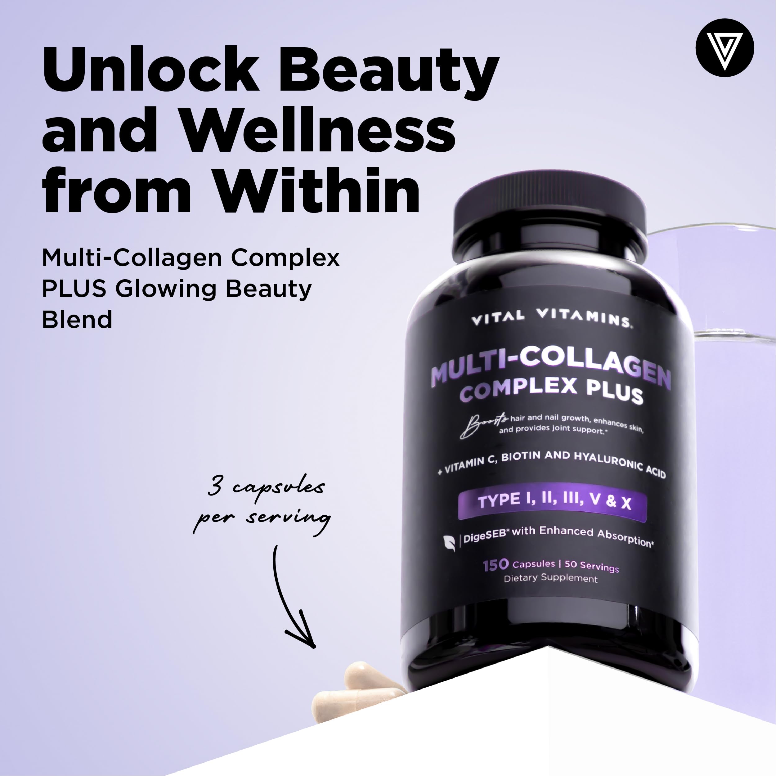 Vital Vitamins etiqueta de colágeno, resaltando ingredientes clave para belleza.
