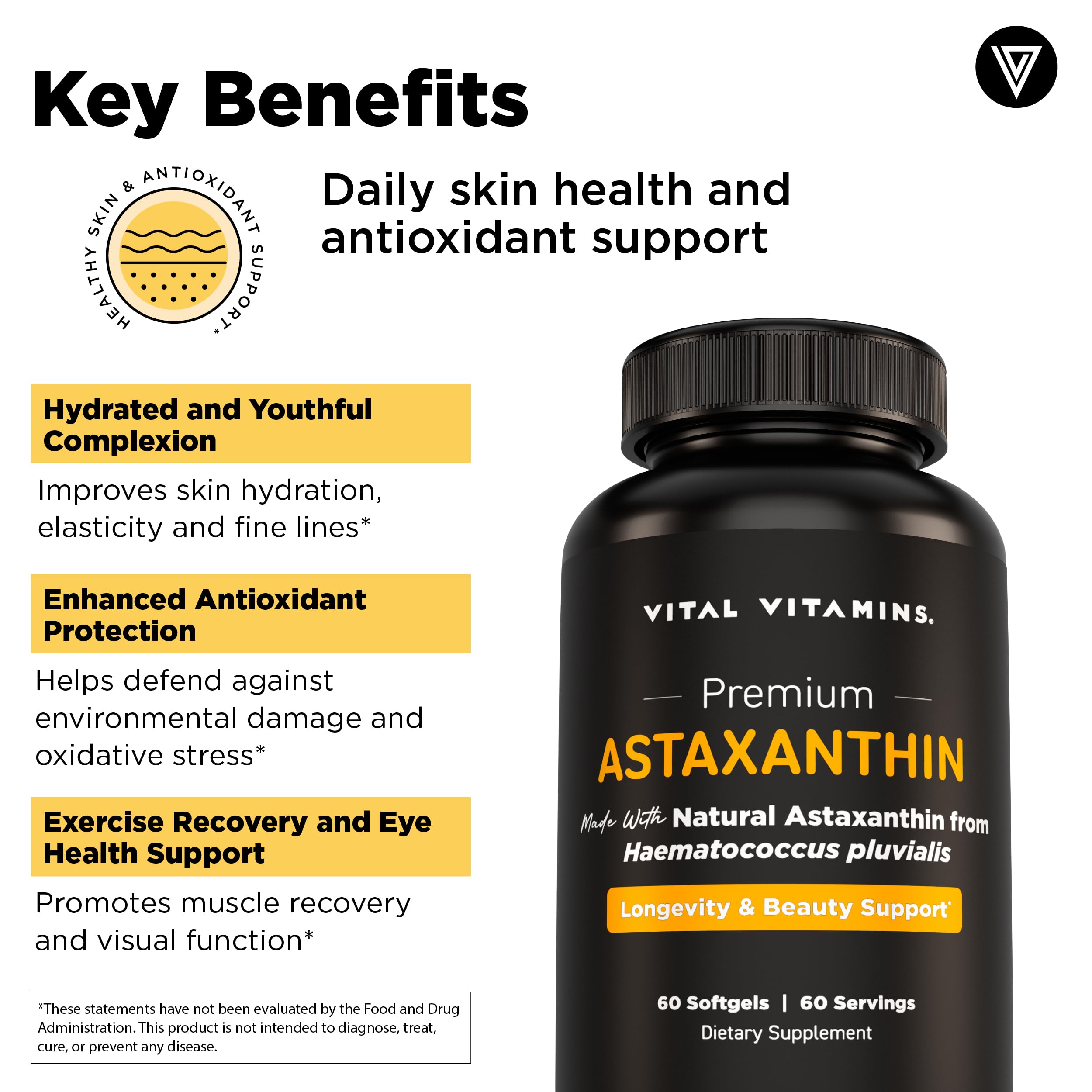 Vital Vitamins Haematococcus pluvialis, fuente natural de astaxantina para apoyo antioxidante diario.