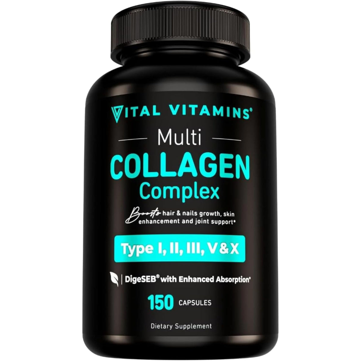 Vital Vitamins Multi Colageno cápsulas en botella, apoyo para cabello y piel saludables.