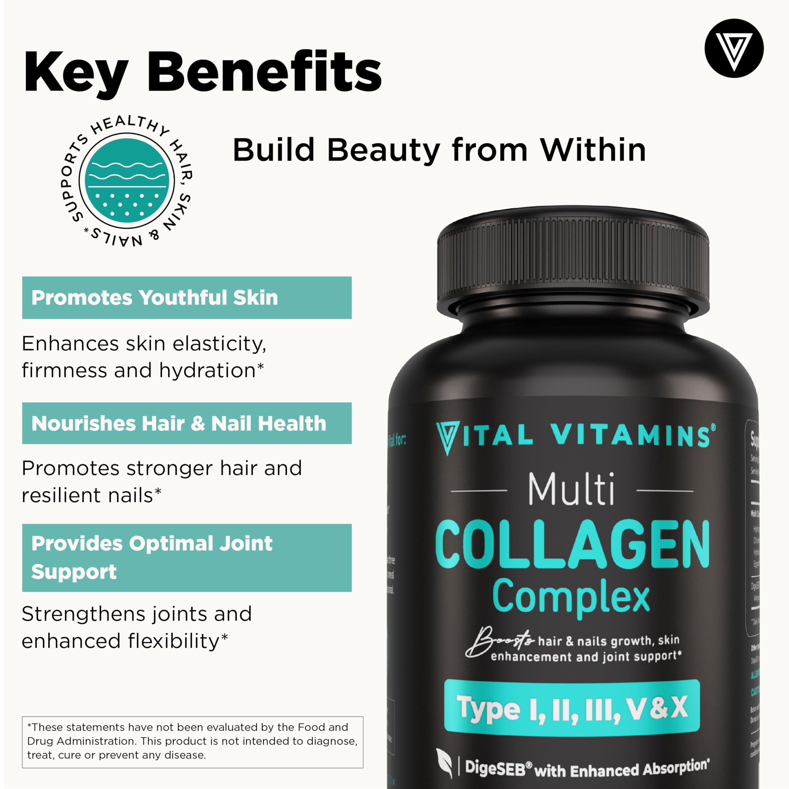 Vital Vitamins Multi Colageno cápsulas, primer plano de cápsulas para articulaciones flexibles.
