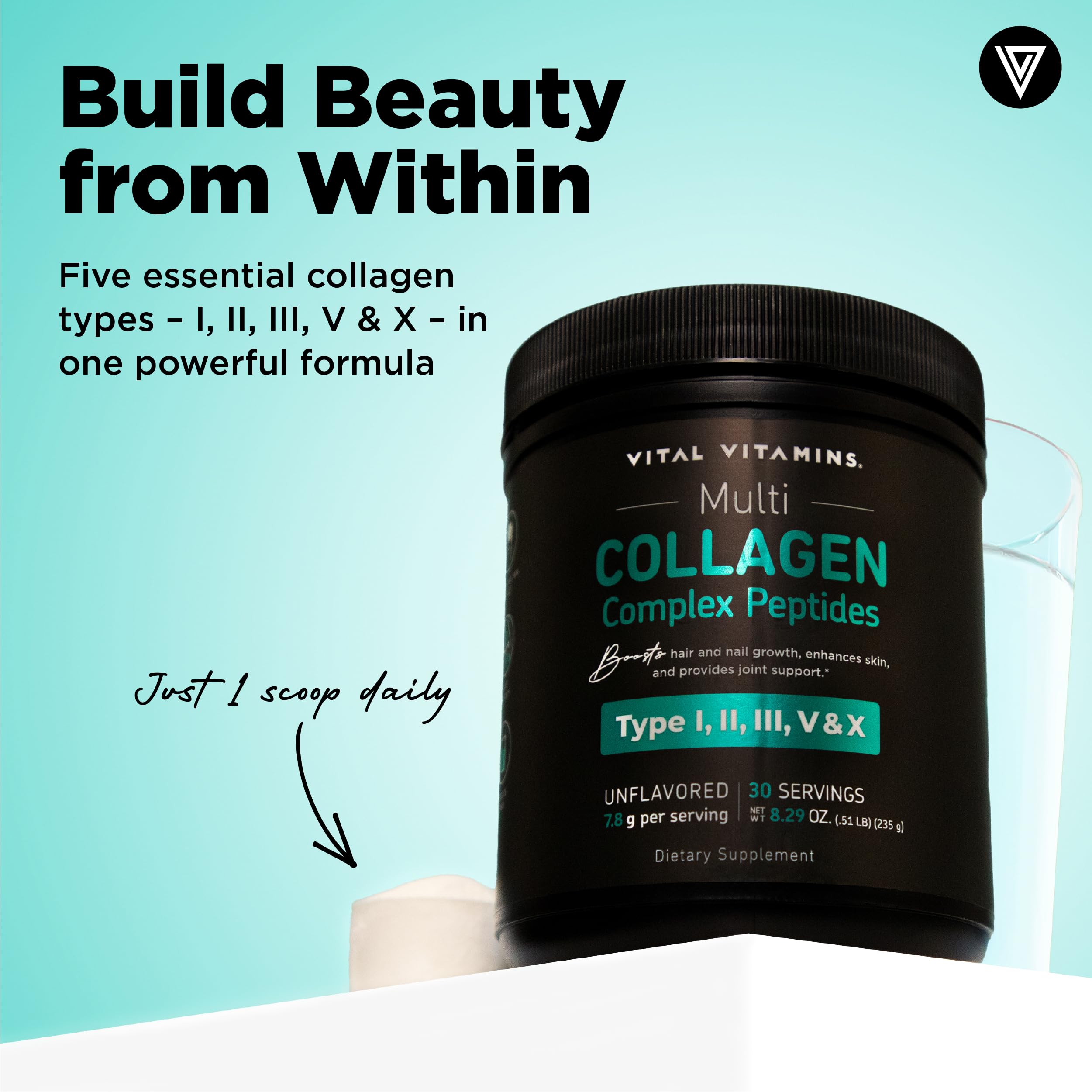 Medición con cuchara de Vital Vitamins Multi Collagen para dosificar 7.8 g.