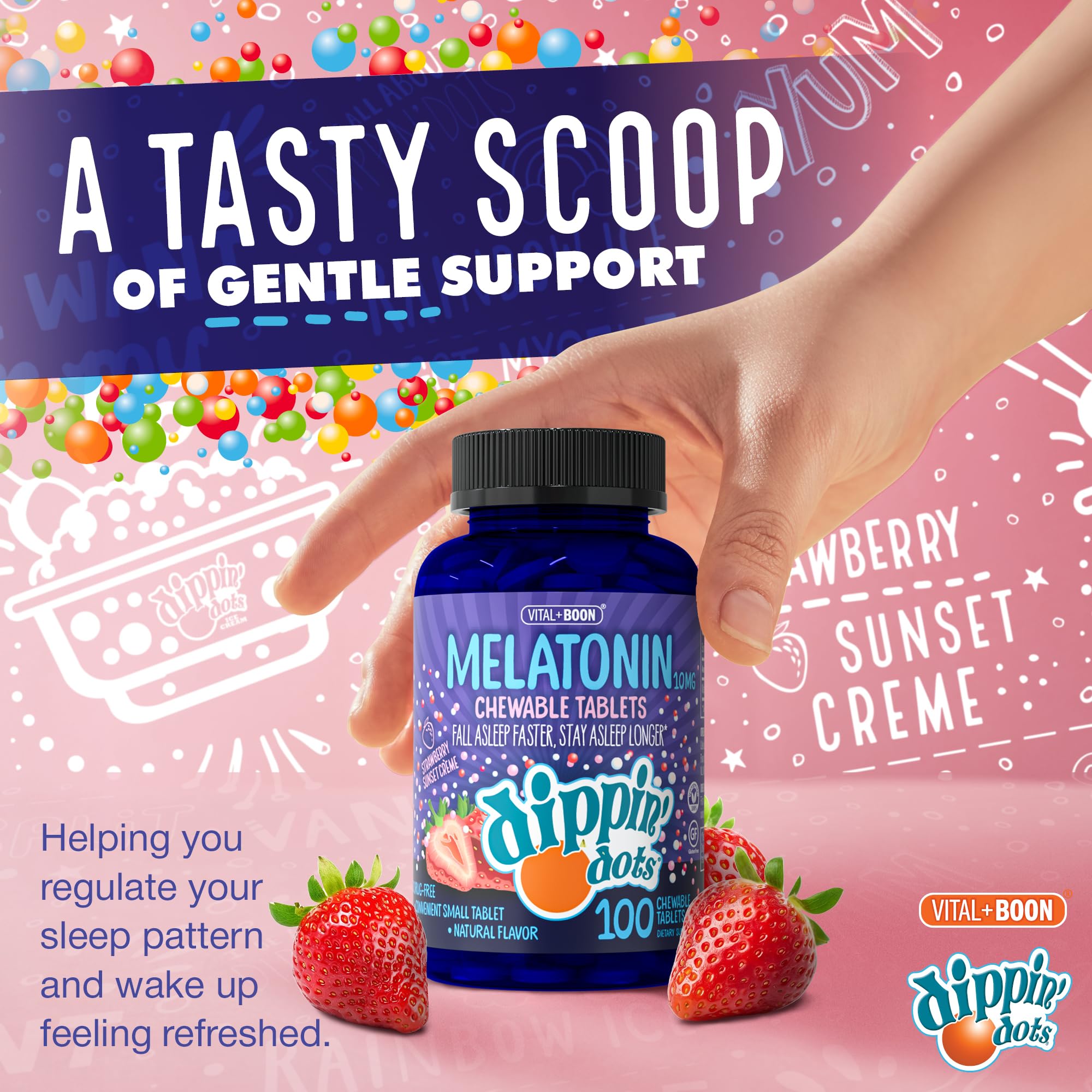 Vital+Boon Dippin' Dots melatonina 10 mg para viajar, descanso flexible en movimiento