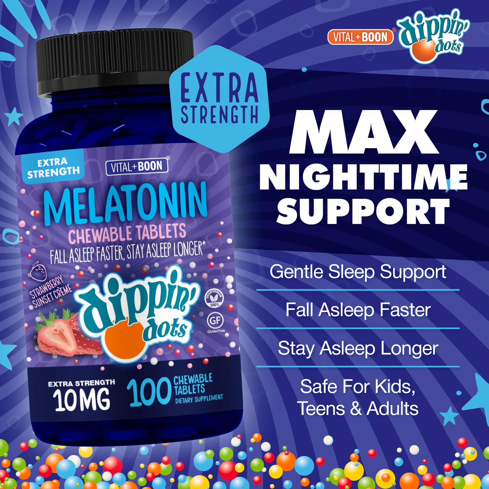 Vital+Boon Dippin' Dots melatonina 10 mg dentro del empaque, formato masticable