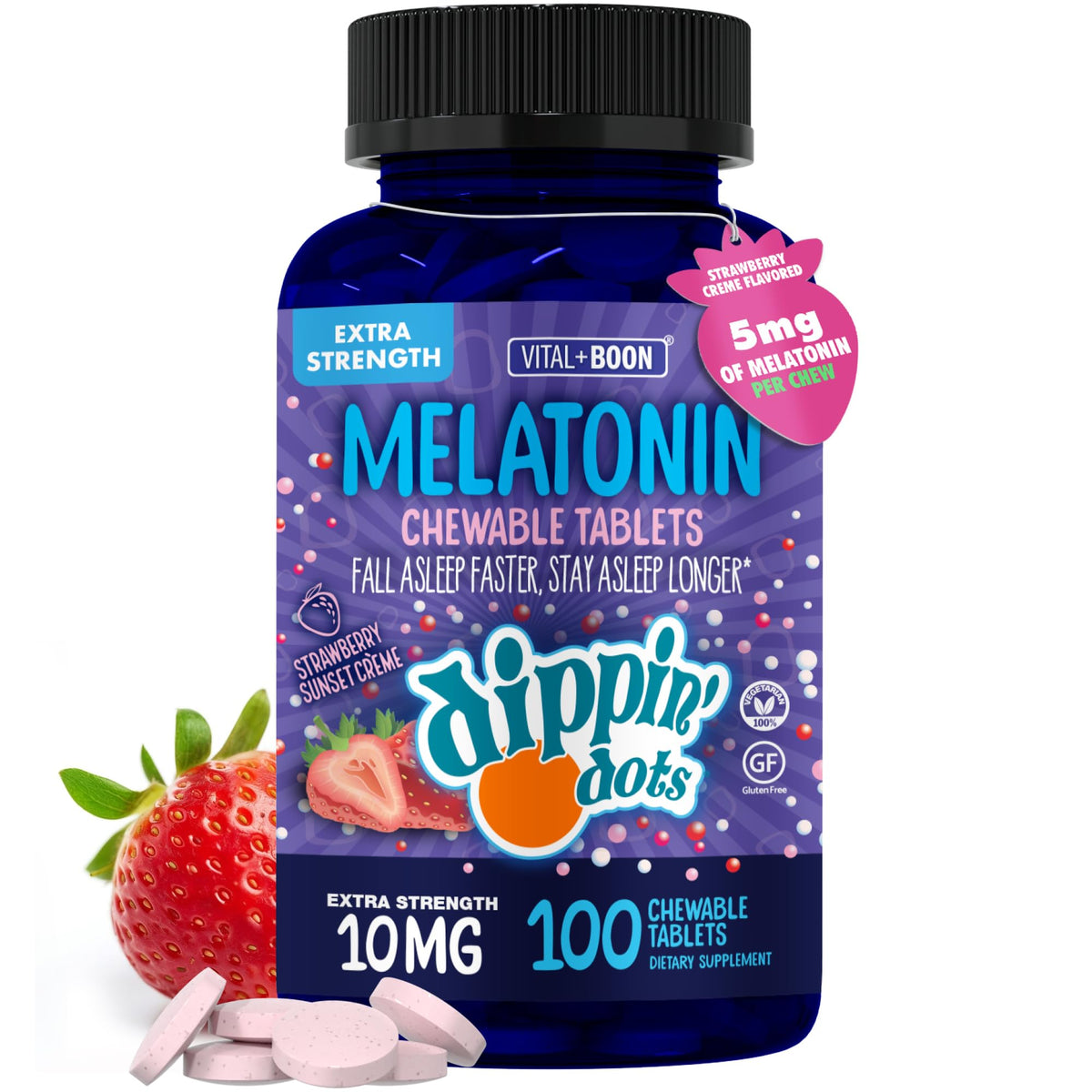 Vital+Boon Dippin' Dots melatonina 10 mg frente del envase, descanso práctico
