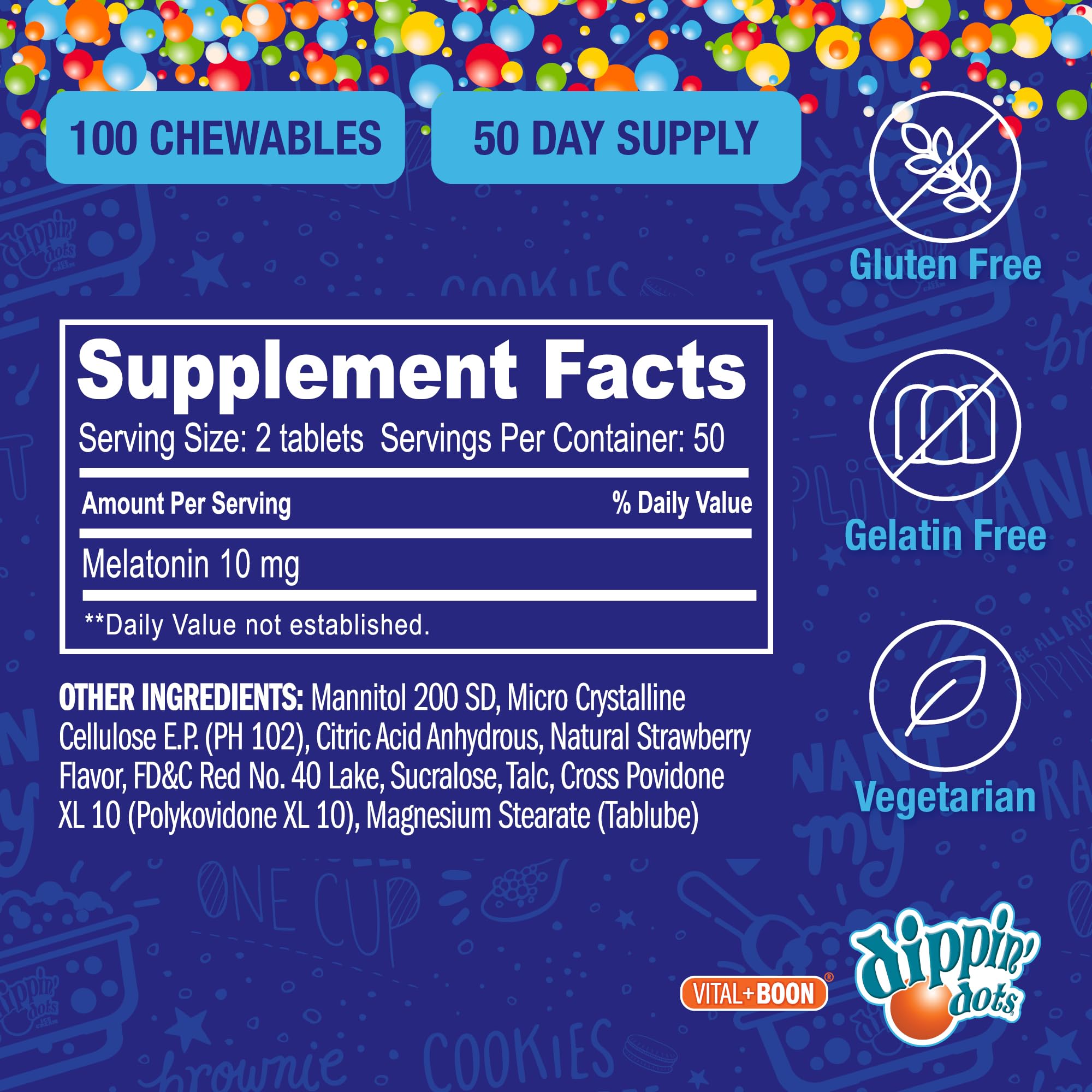 Vital+Boon Dippin' Dots melatonina 10 mg vegetariano y sin gluten, apto para dietas sensibles