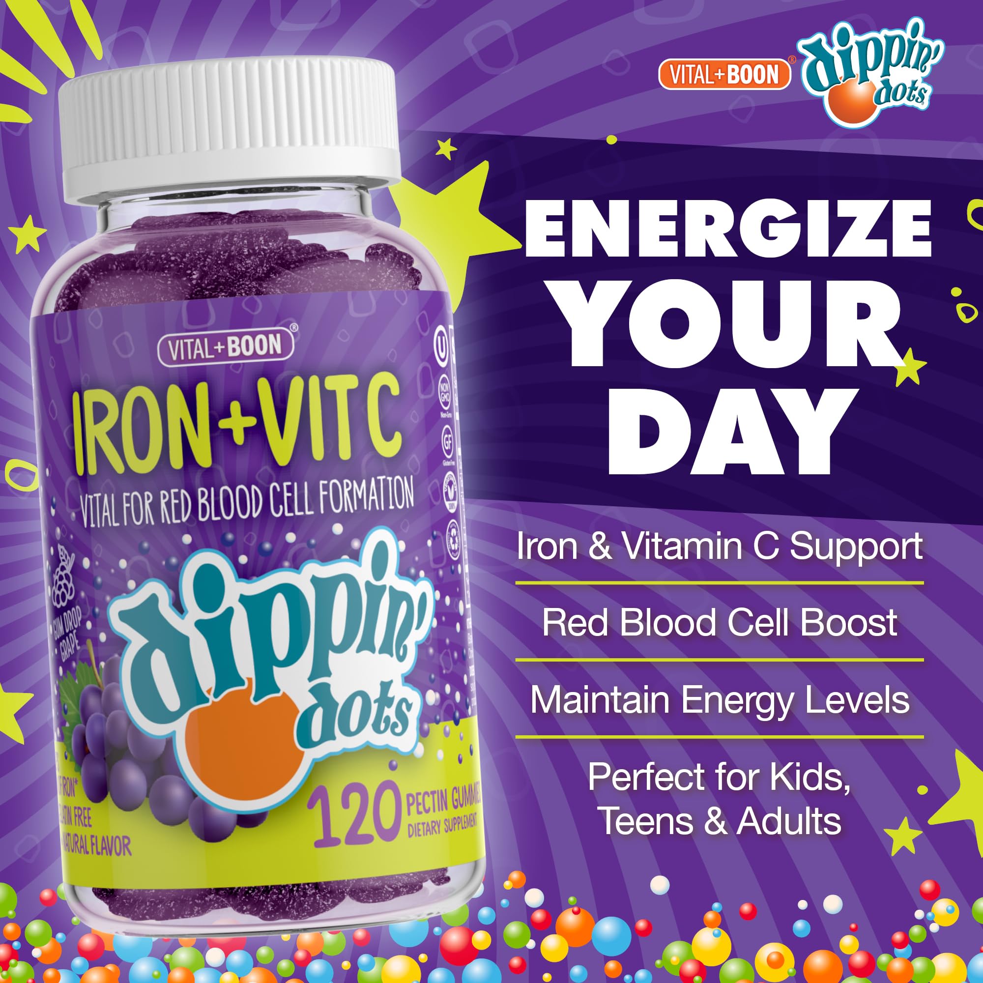 Gomitas Vital+Boon sabor uva listas para disfrutar durante el día.