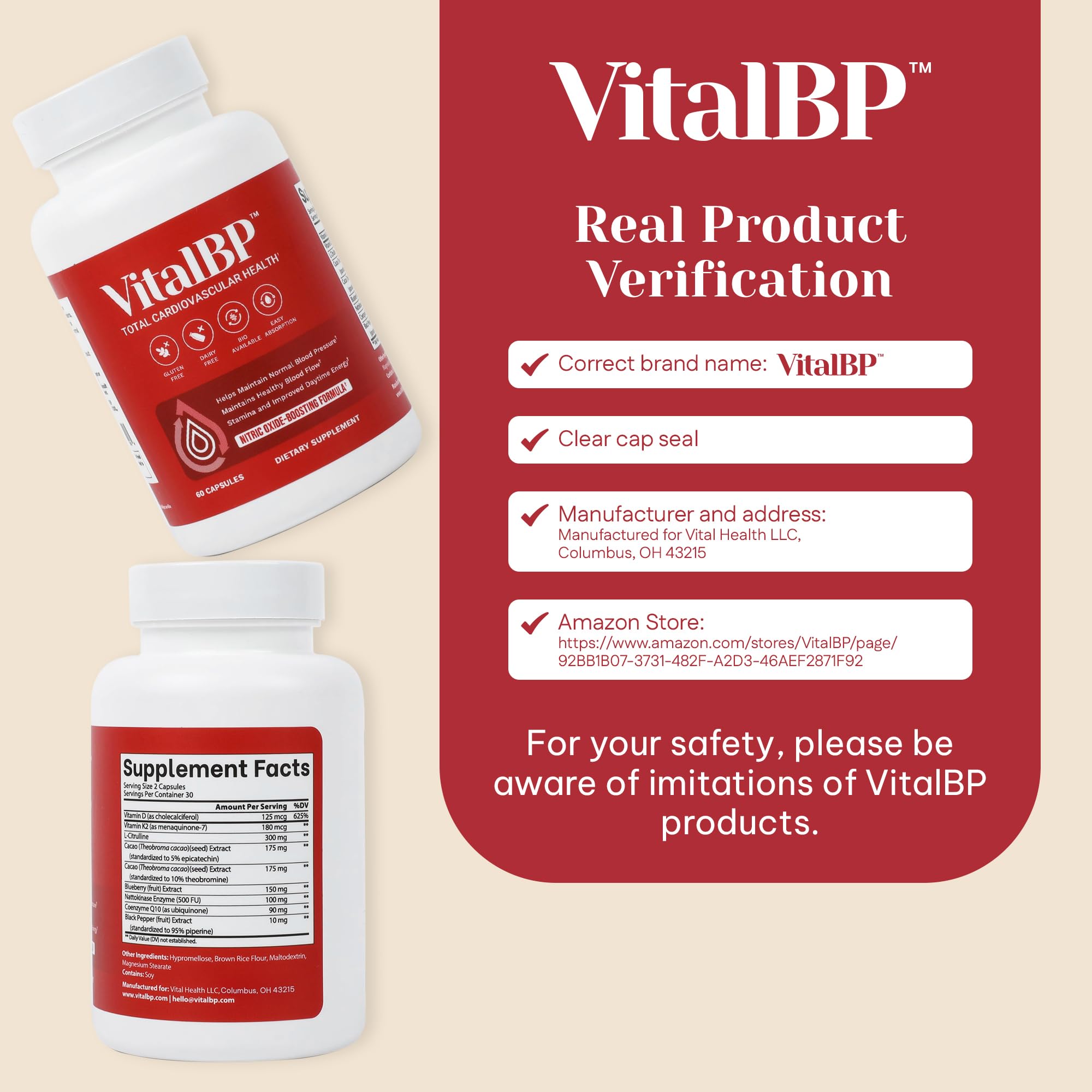 VitalBP botella de suplemento con etiqueta visible en cocina