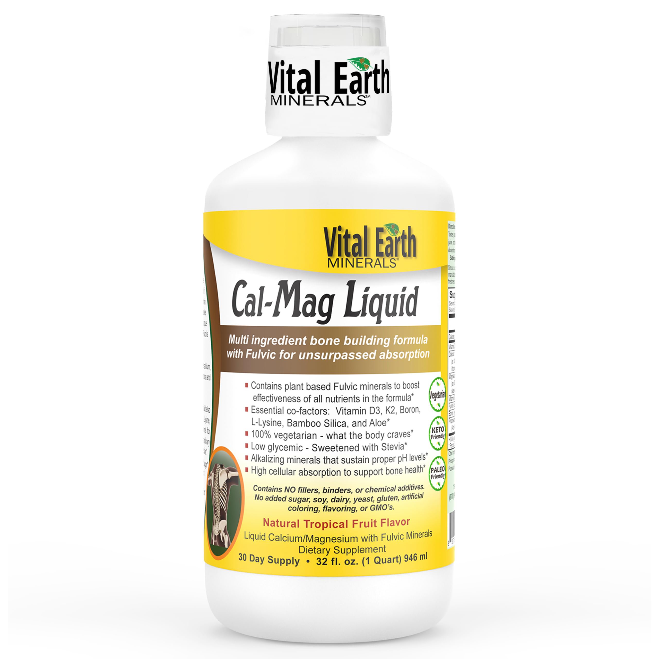 Vital Earth Minerals Cal-Mag Líquido, botella vertiendo, apoya absorción mineral en la rutina diaria.