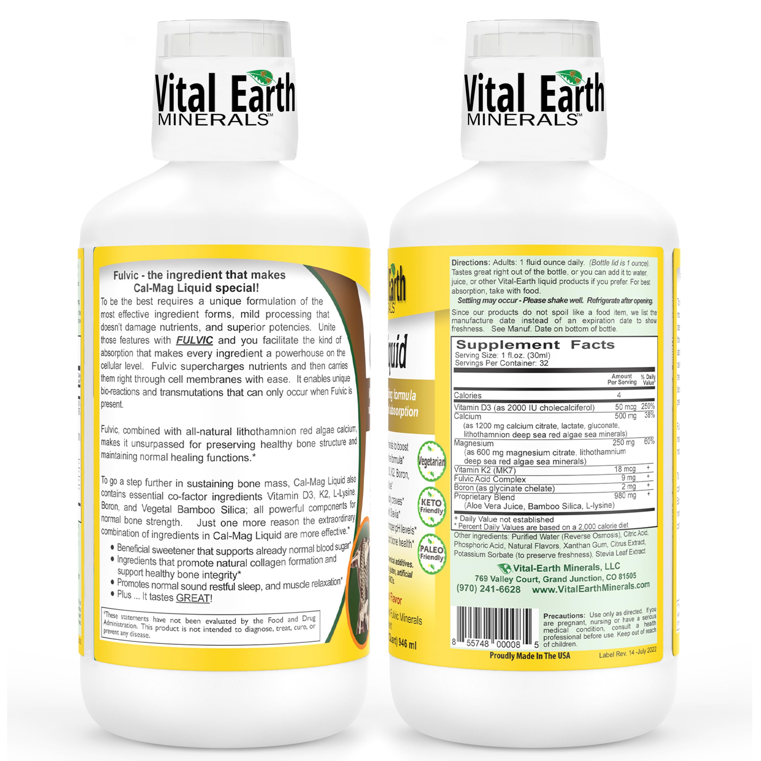 Vital Earth Minerals Cal-Mag Líquido, etiqueta clara, fórmula equilibrada para sueño y relajación muscular.