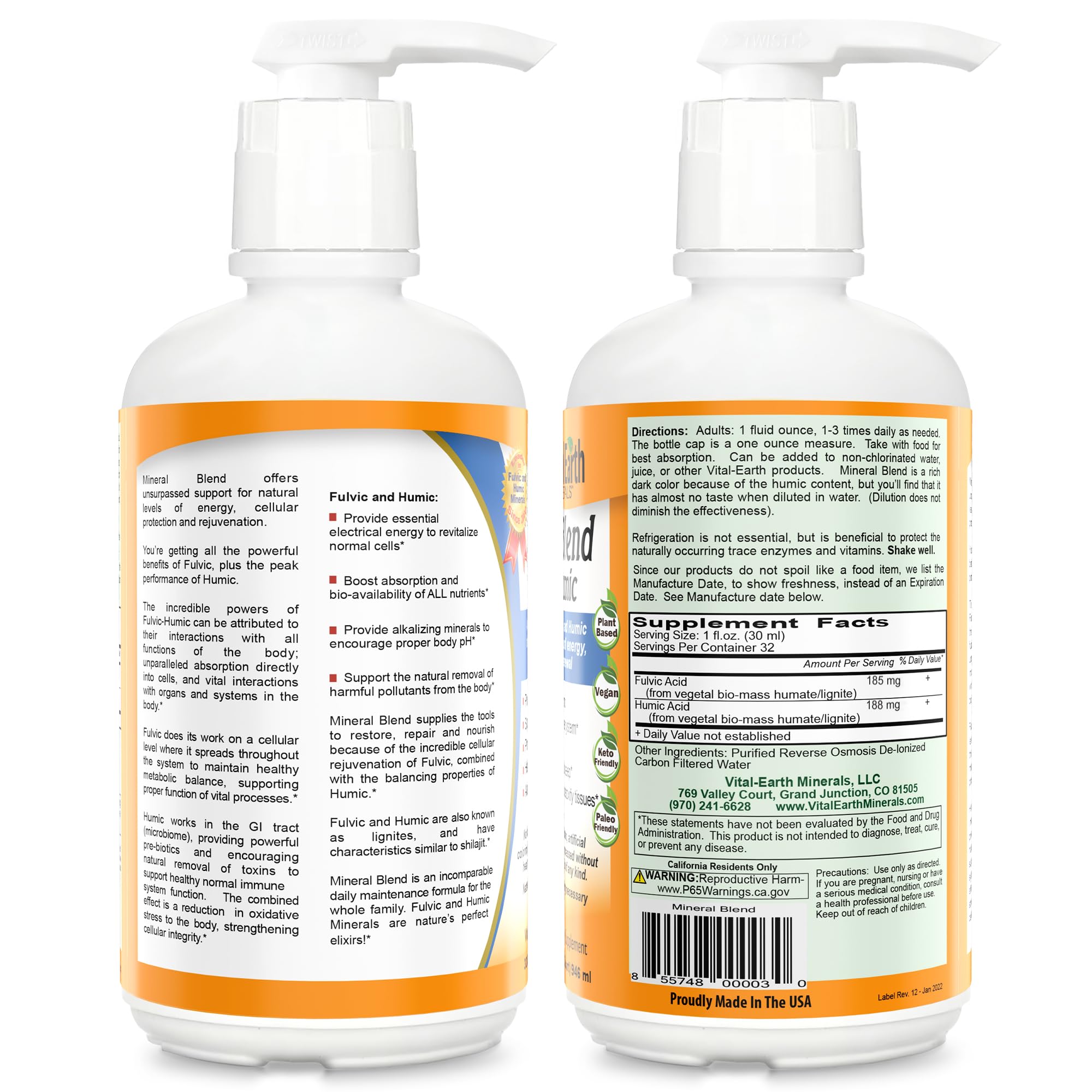 Vital Earth Minerals: líquido fulvico-húmico, sabor neutro para mezclar con agua.