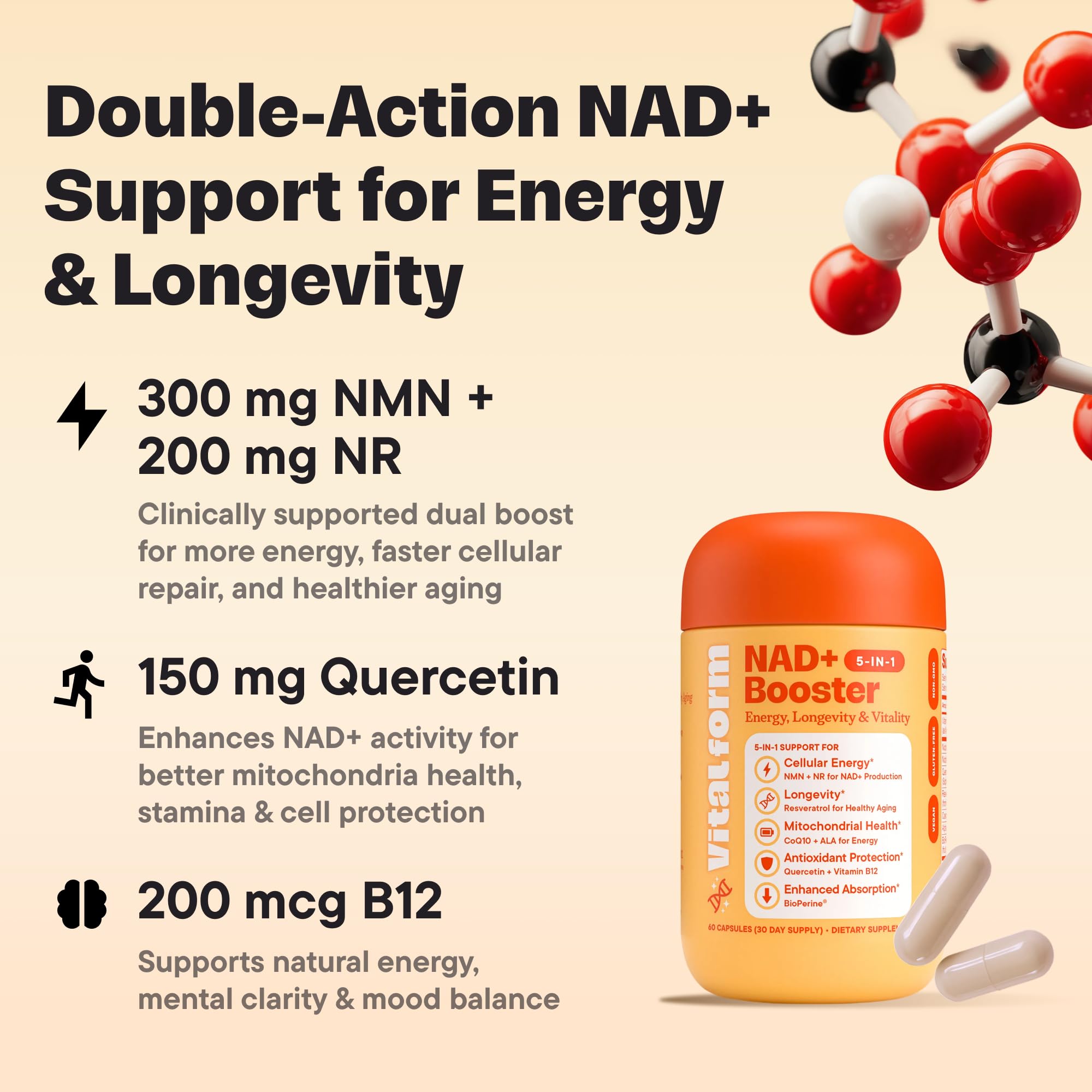 Etiqueta vegana y sin gluten de VitalForm NAD+ NMN NR