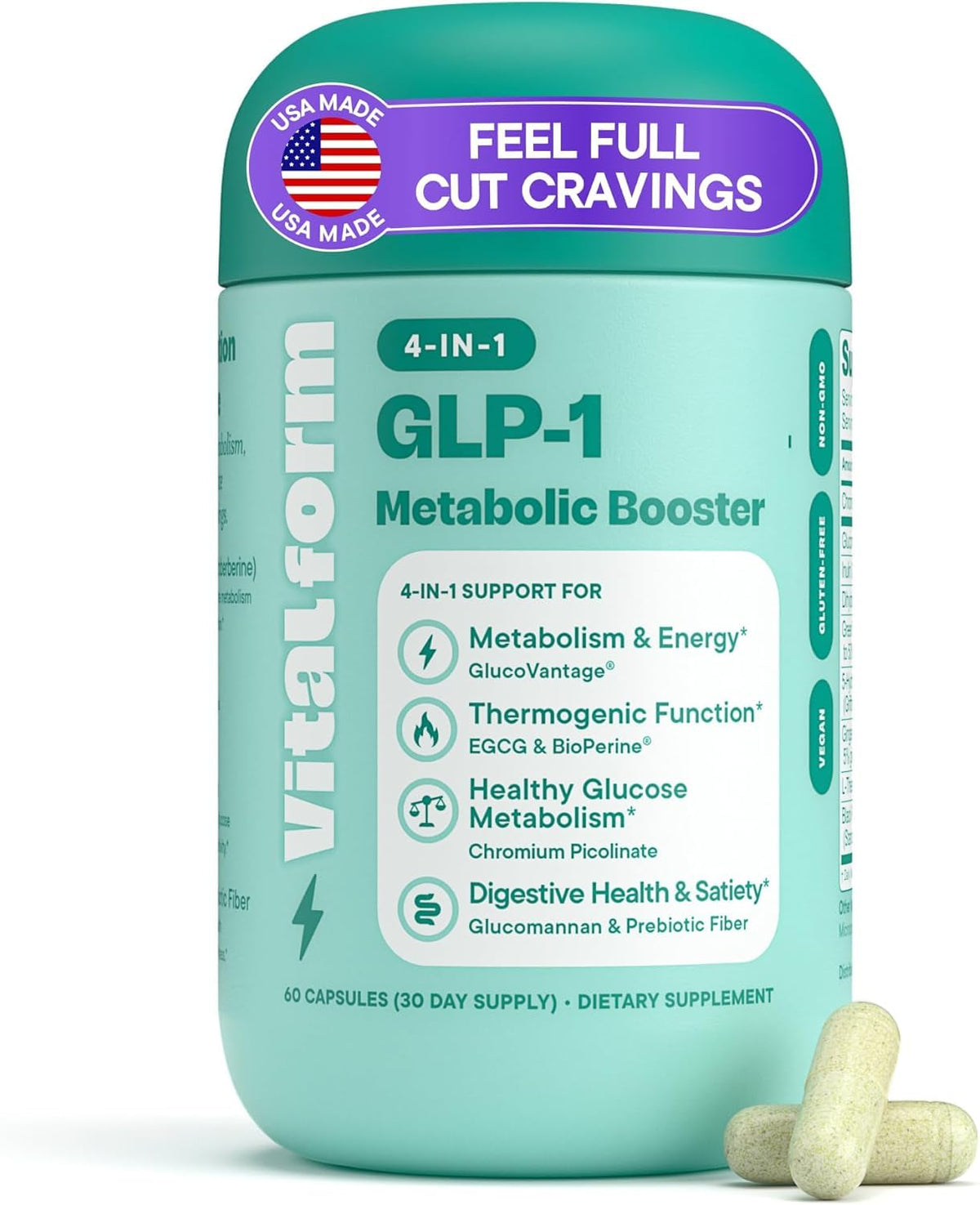VitalForm GLP-1: envase de cápsulas para apoyo metabólico diario.