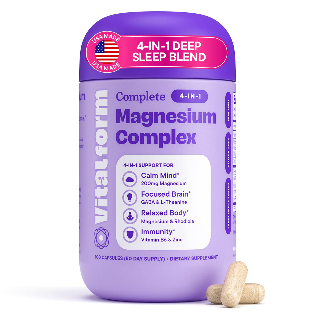 VitalForm magnesio glicinato: botella frontal para apoyar sueño suave y relajación nocturna.