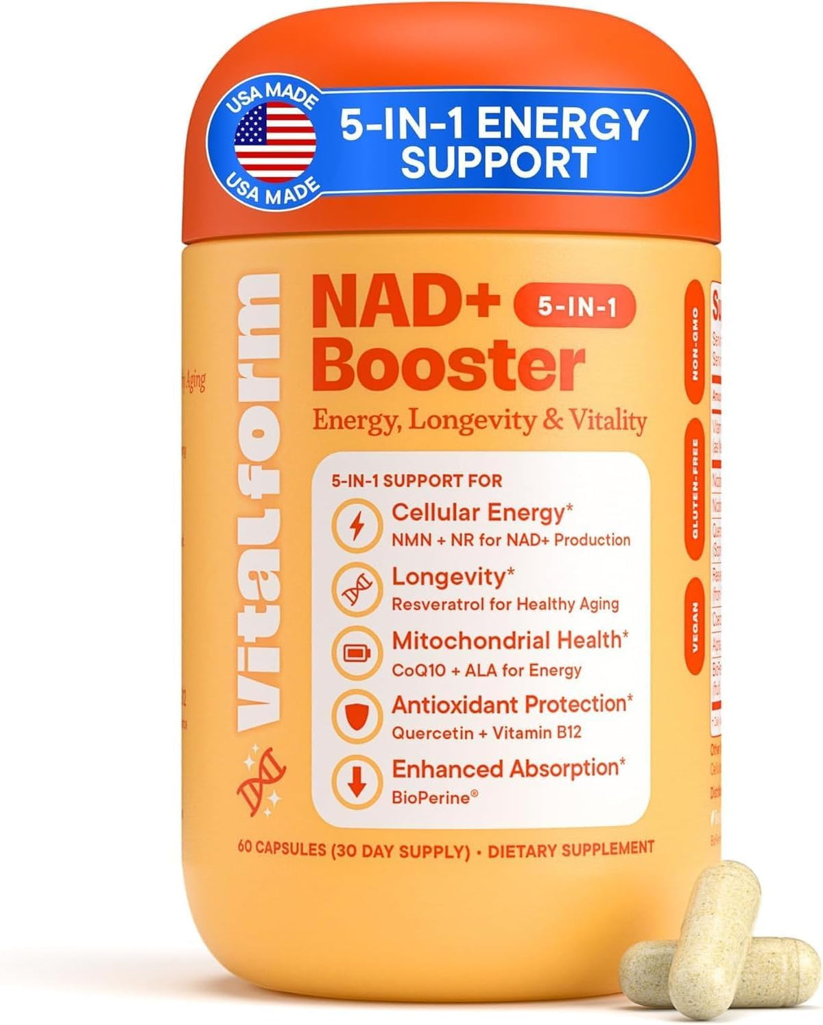VitalForm NAD+ NMN NR cápsulas en botella para energía diaria