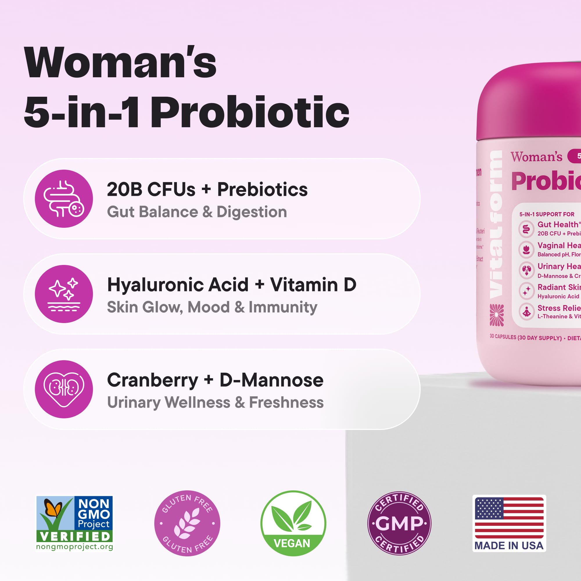 Probiotico VitalForm con arándano para apoyo urinario y frescura.