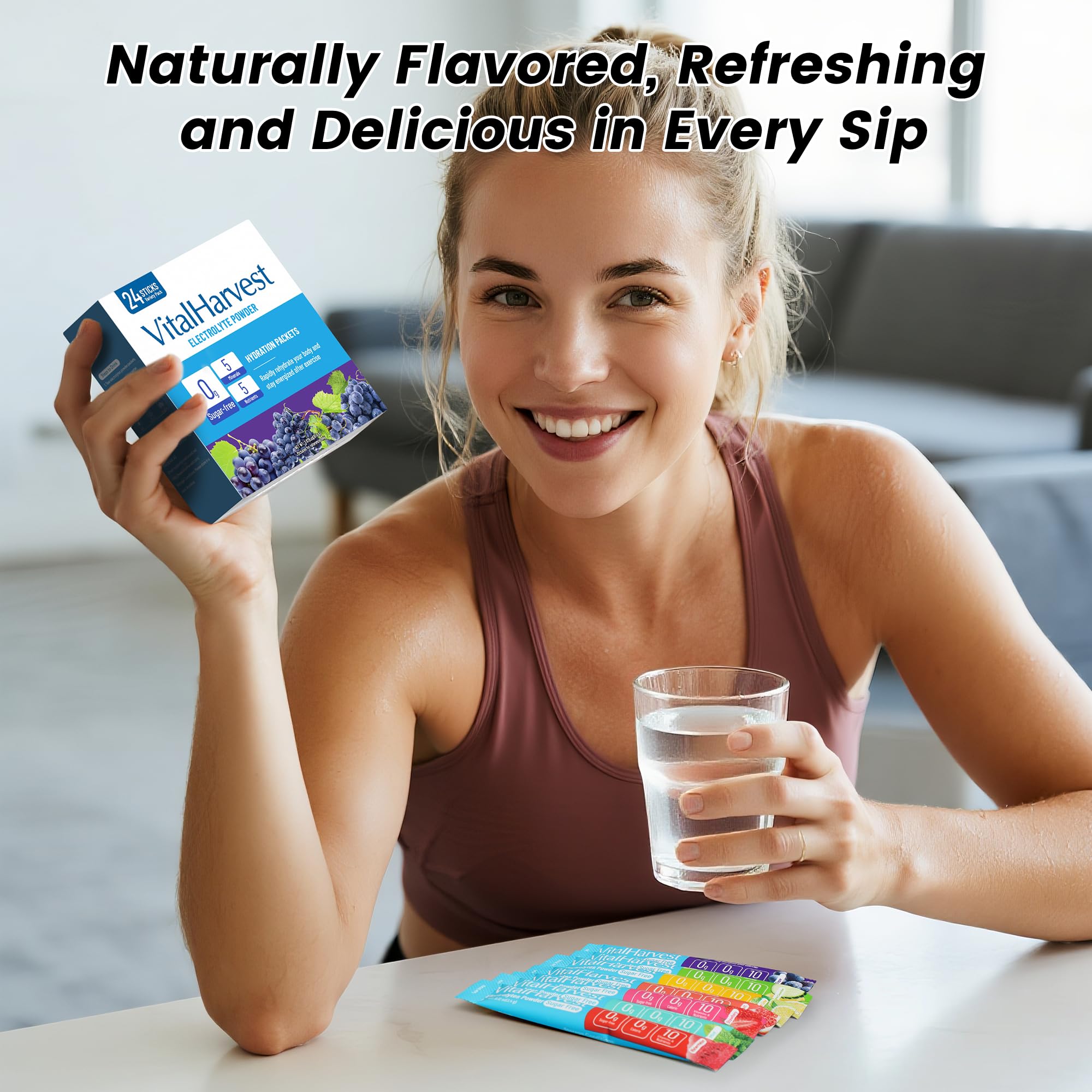 VitalHarvest bebida electrolitos uva en vaso frío, sabor refrescante y agradable.