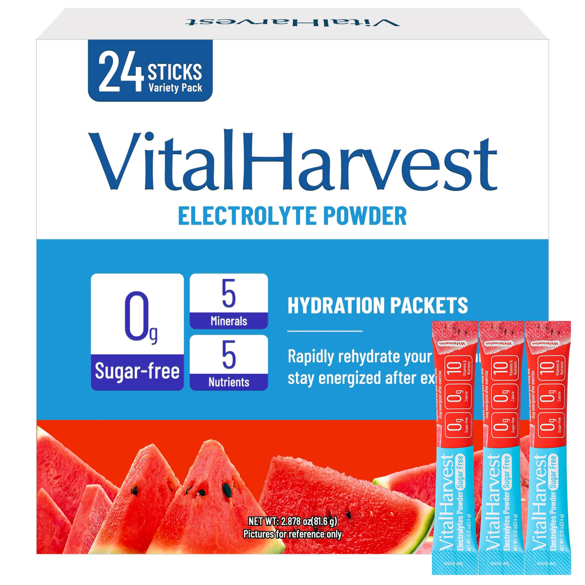 VitalHarvest electrolitos en polvo, sobre de una dosis para mezclar.