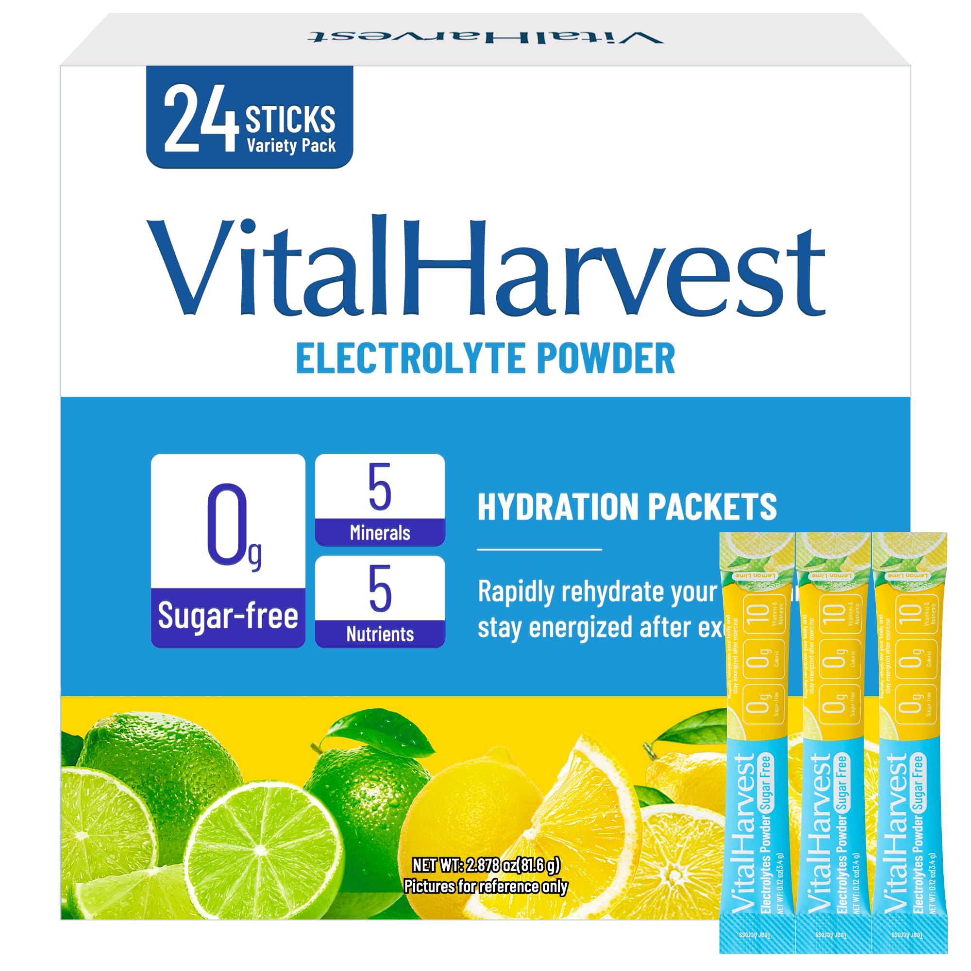 VitalHarvest, paquete electrolitos limón-lima, hidrata rápidamente con sabor refrescante.
