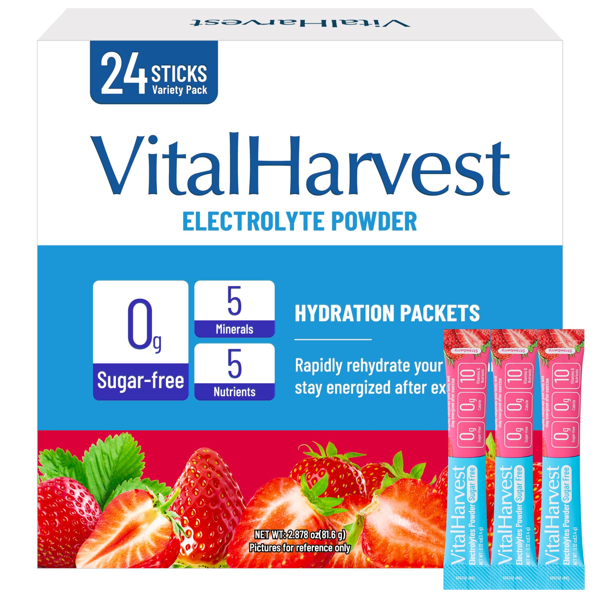 VitalHarvest: empaque de 24 sobres electrolitos, ideal para hidratación rápida.