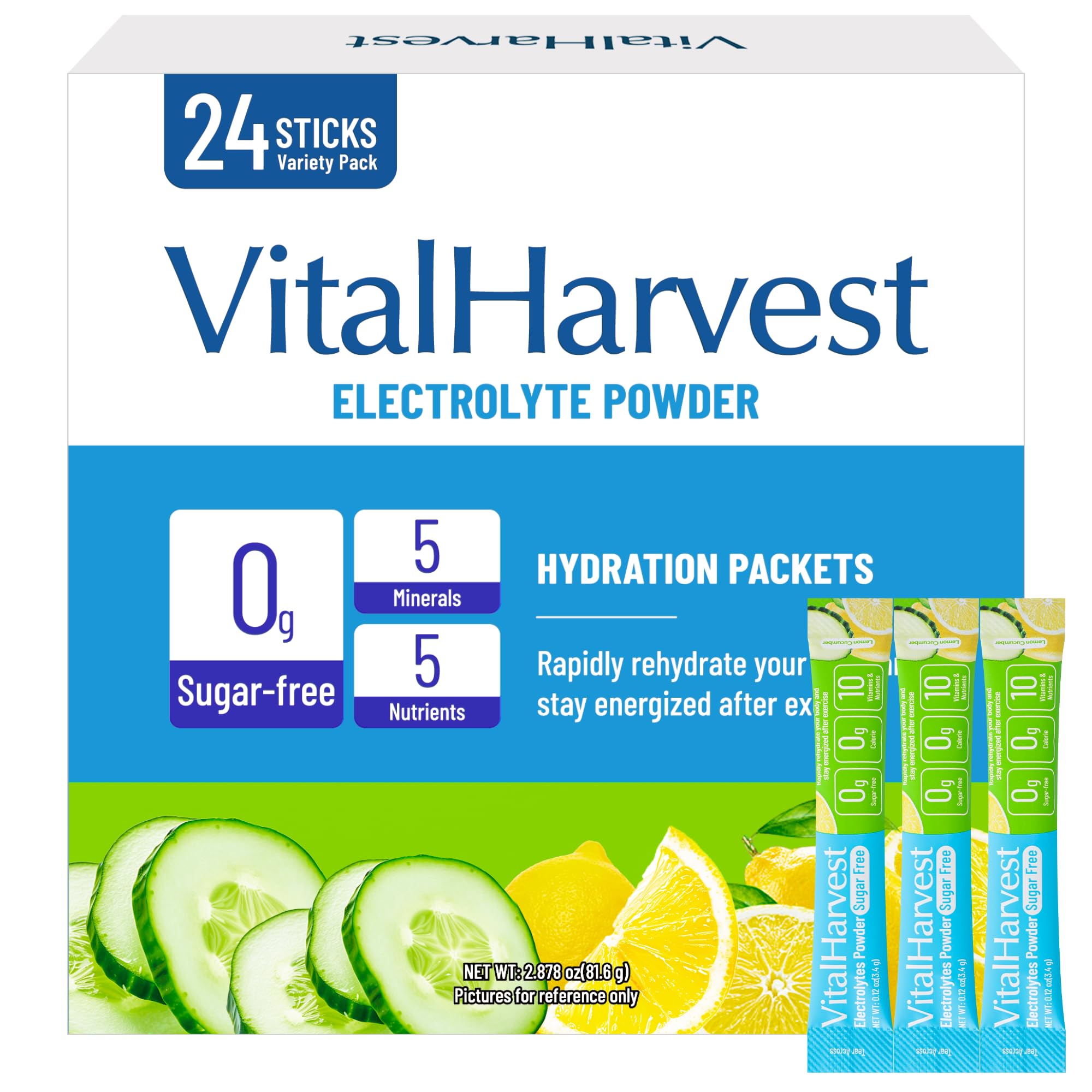 VitalHarvest: paquetes de electrolitos limón pepino para hidratación rápida.