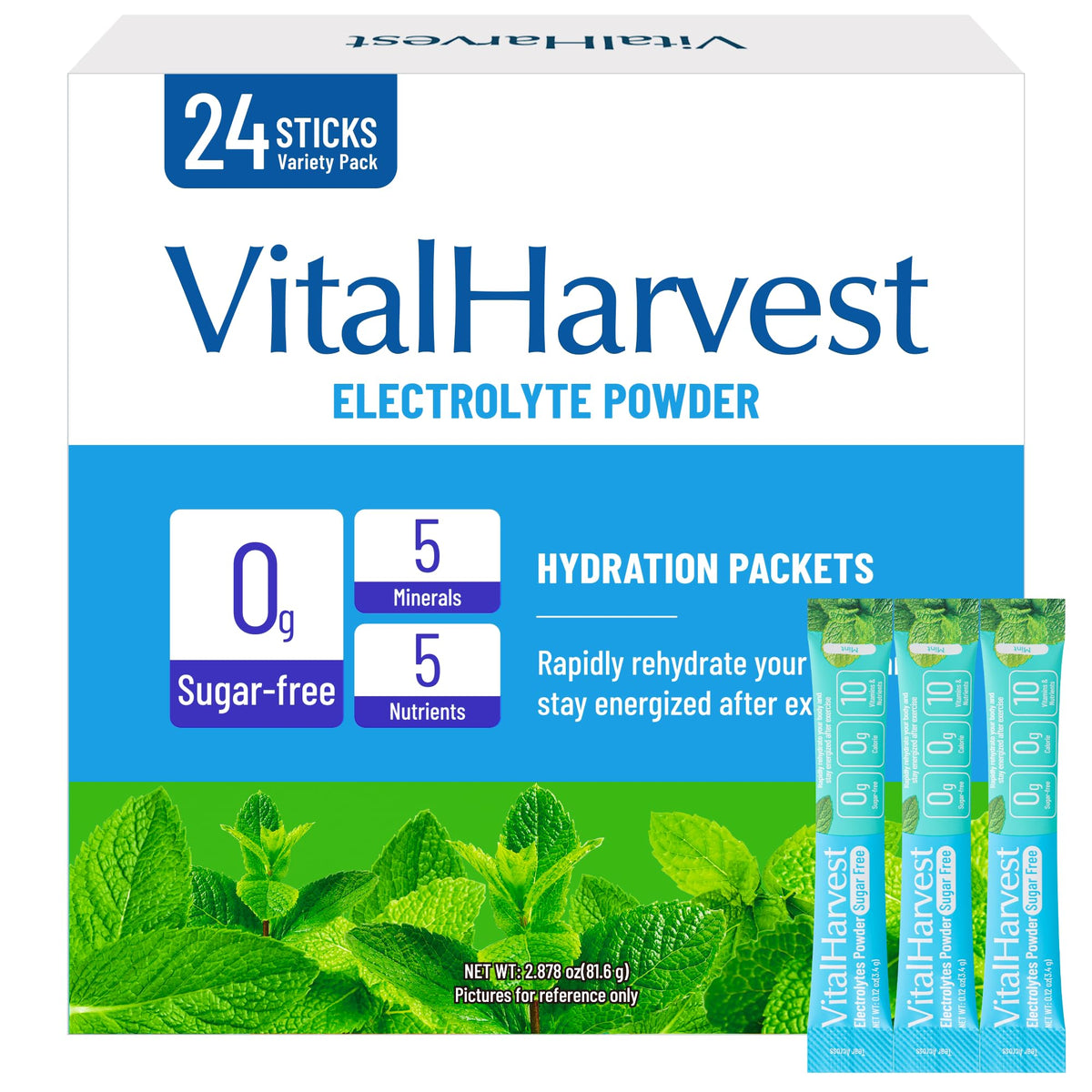 VitalHarvest paquetes electrolitos menta para hidratación rápida