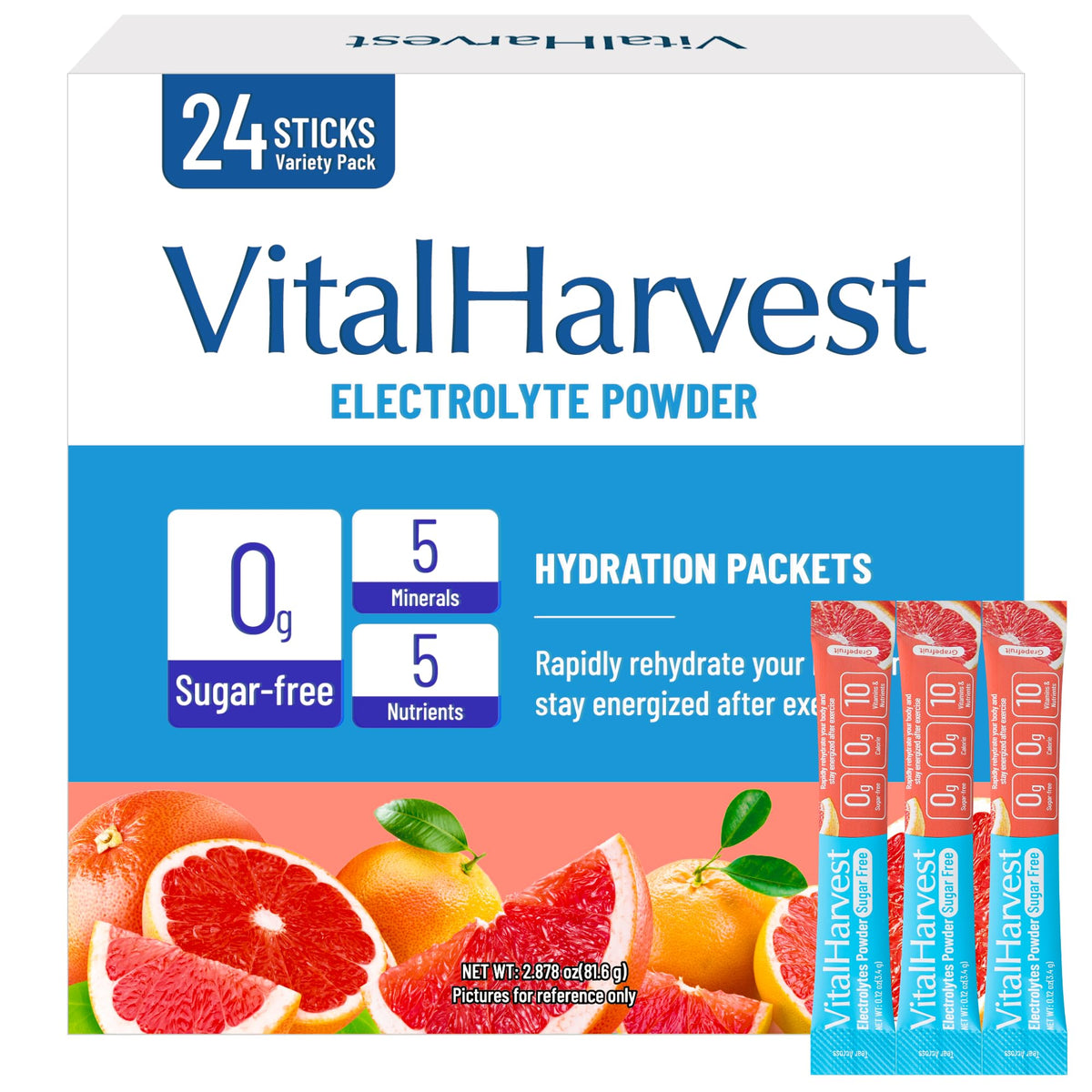 VitalHarvest paquetes electrolitos pomelo: hidratación rápida para entrenamientos.