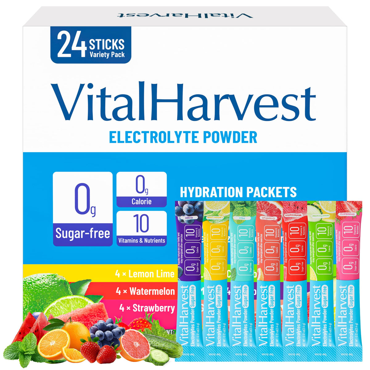 VitalHarvest paquetes electrolitos limón-lima: hidratación rápida para entrenamientos.