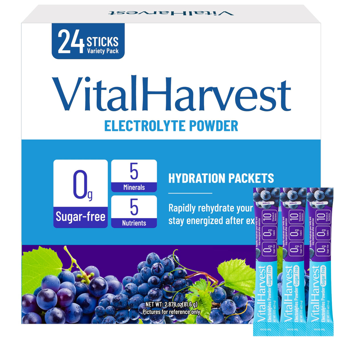 VitalHarvest sobres electrolitos uva, paquete de 24, listo para llevar para hidratación instantánea.