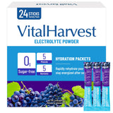 VitalHarvest sobres electrolitos uva, paquete de 24, listo para llevar para hidratación instantánea.