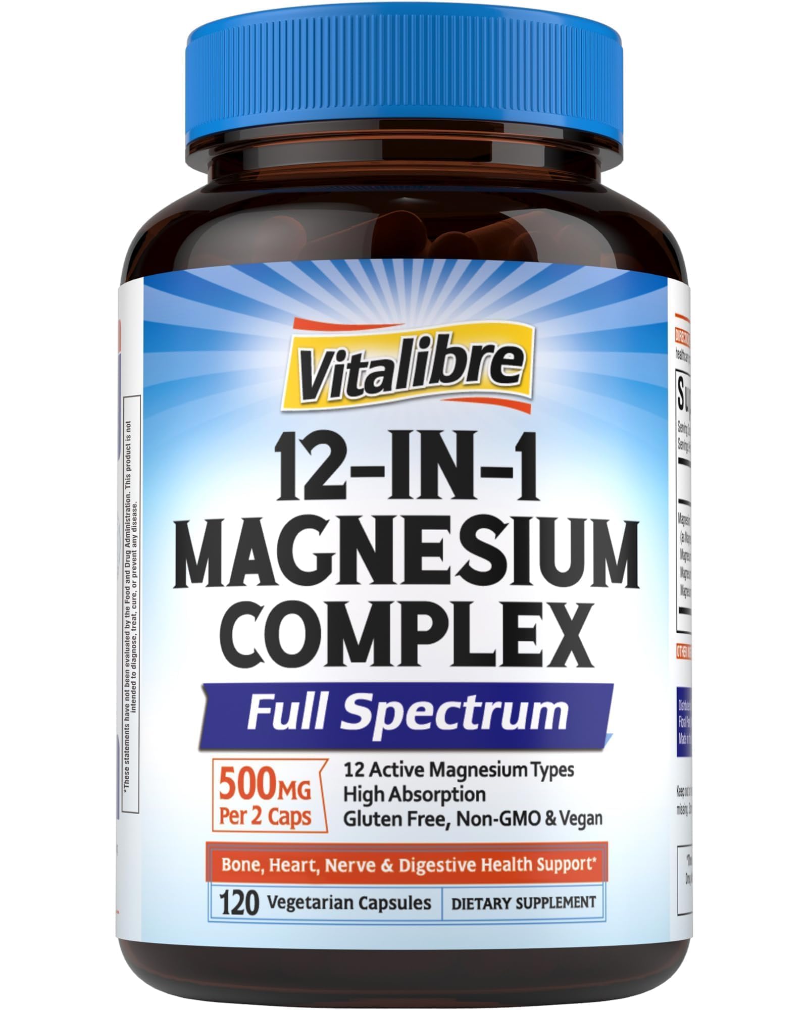 Vitalibre 12 en 1 complejo de magnesio en botella, apoyo diario para el bienestar.
