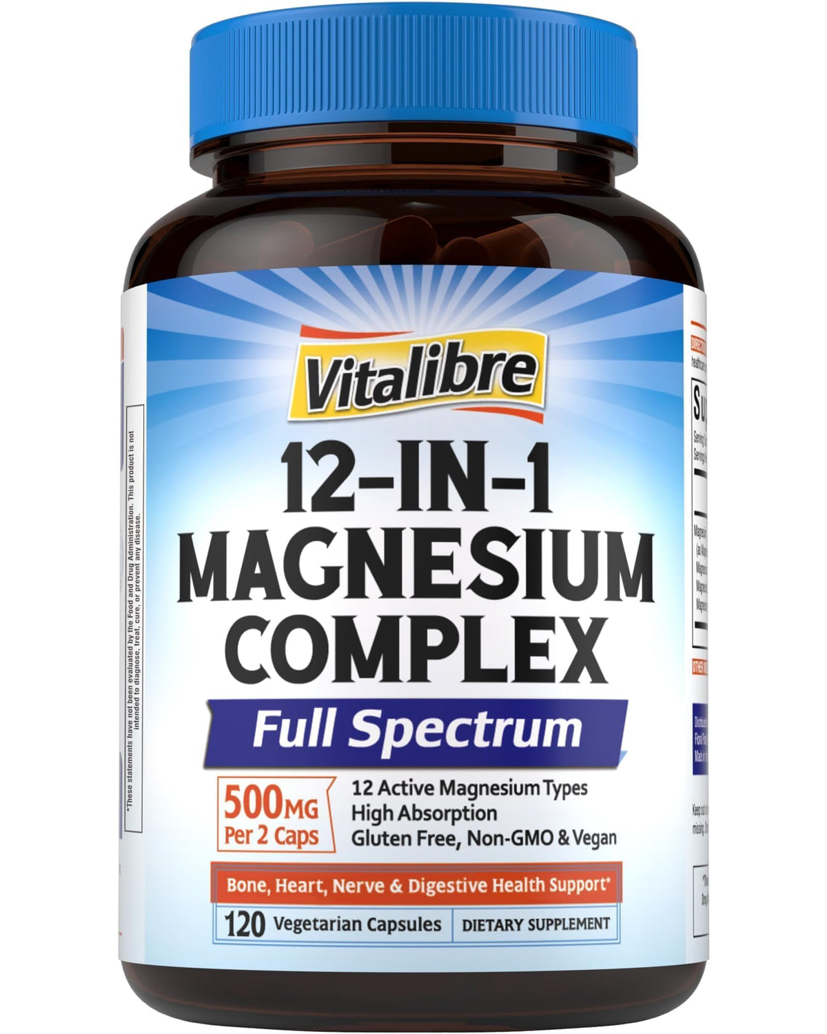 Vitalibre 12 en 1 complejo de magnesio en botella, apoyo diario para el bienestar.