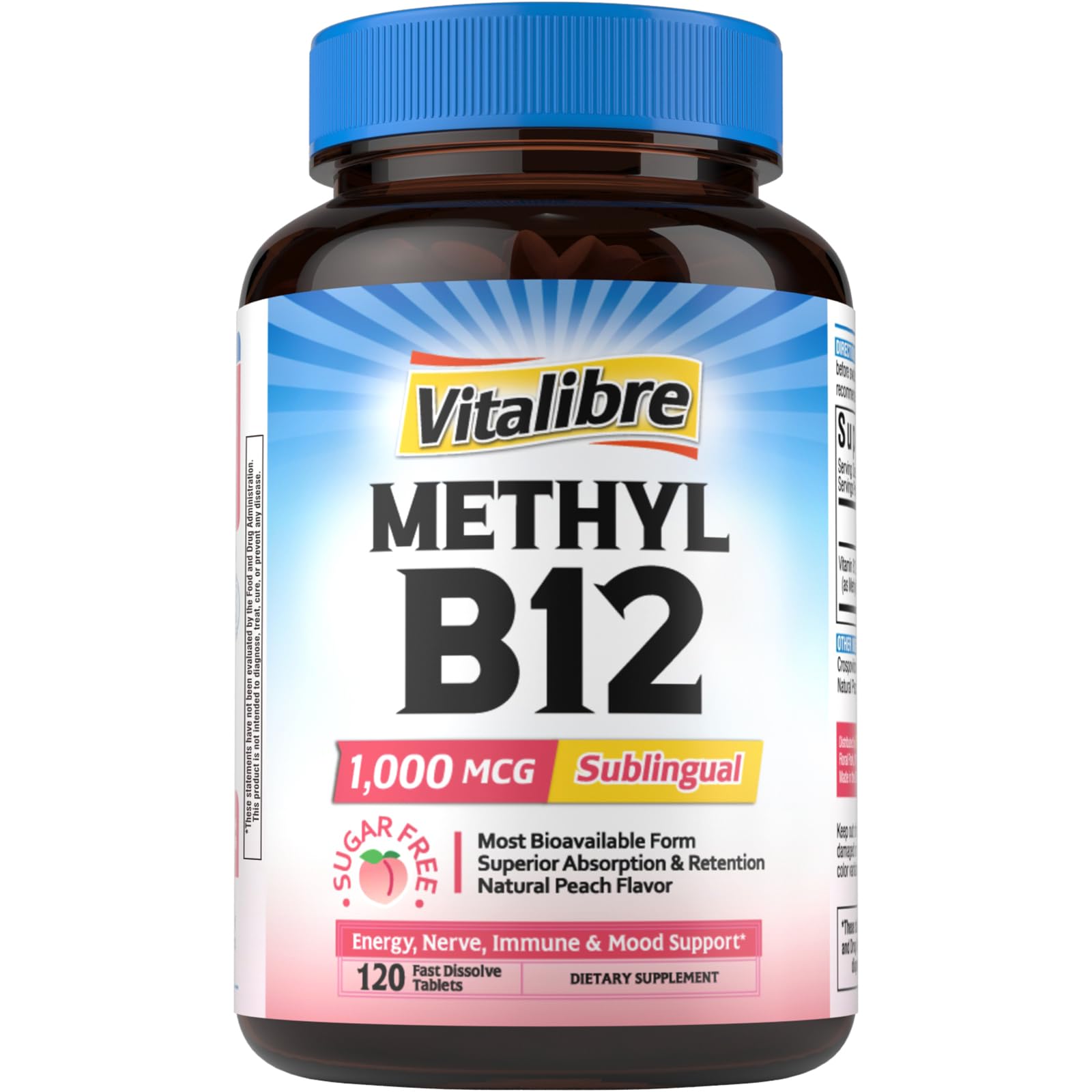 Vitalibre B12 tableta masticable sabor melocotón para energía diaria.