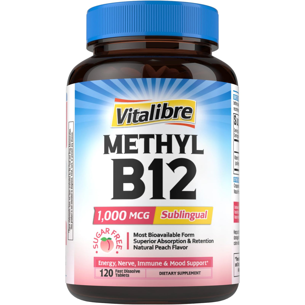 Vitalibre B12 tableta masticable sabor melocotón para energía diaria.