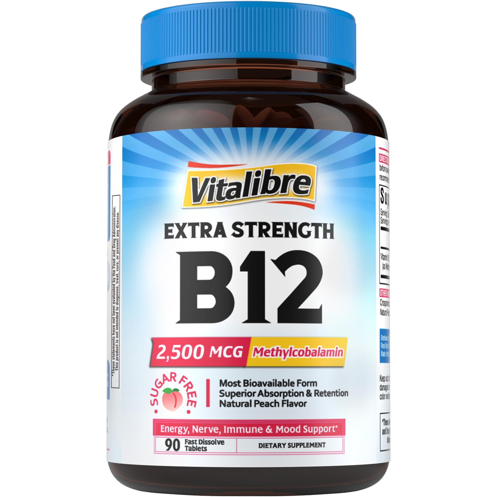 Vitalibre B12 tableta disolvente de durazno para energía sostenida