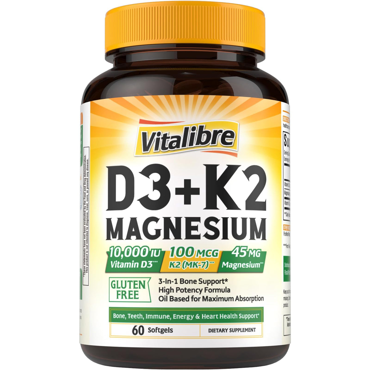 Vitalibre bote softgels con vitamina D3 y K2 y magnesio para bienestar óseo.