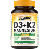 Vitalibre bote softgels con vitamina D3 y K2 y magnesio para bienestar óseo.