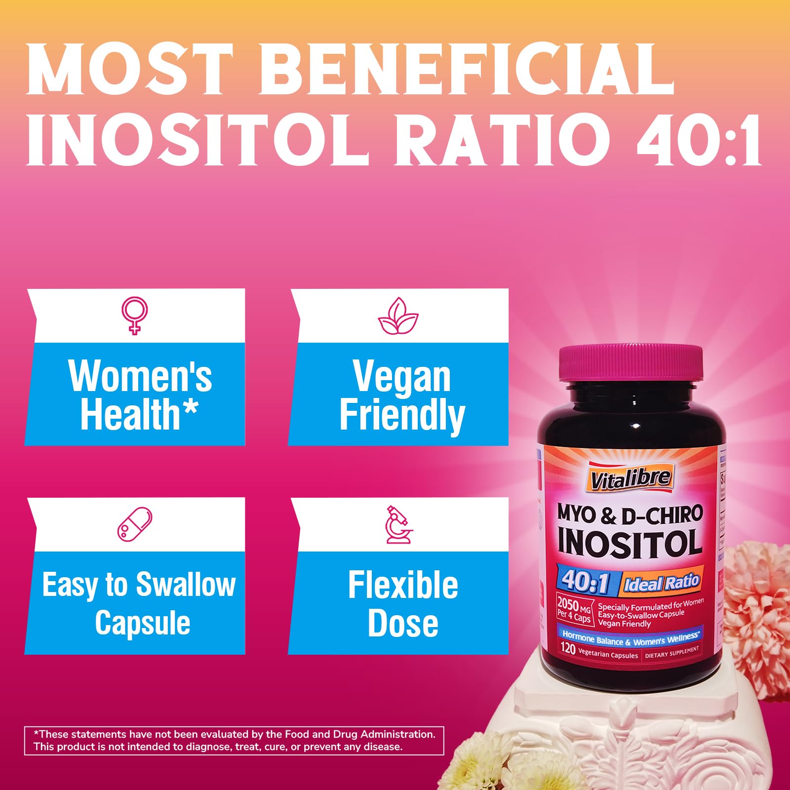 Vitalibre cápsulas veganas de inositol, sin azúcar y apoyo diario.