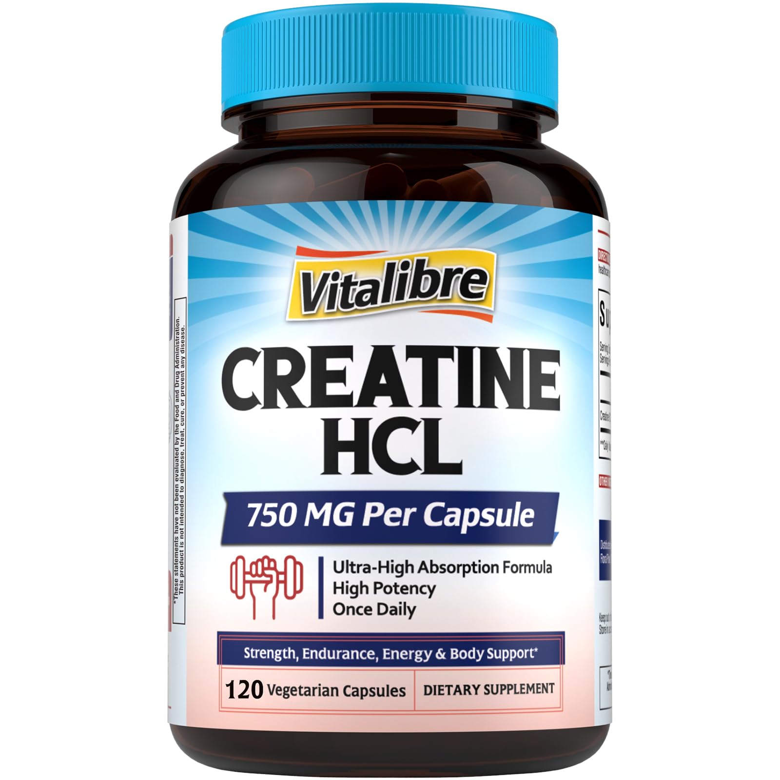 Vitalibre Creatine HCl cápsulas 750 mg, absorción superior para entrenamientos intensos.