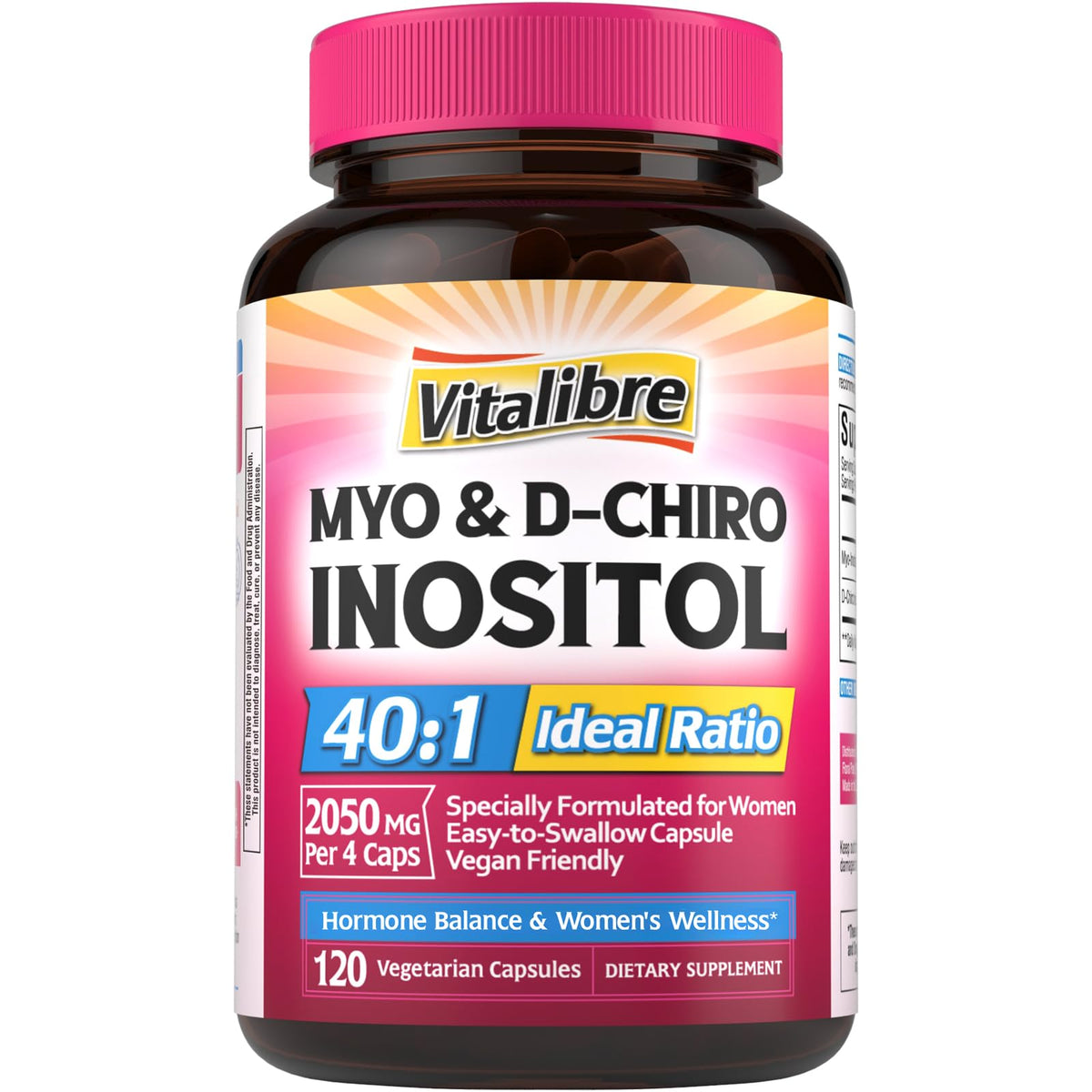 Vitalibre Inositol, suplemento en frasco con cápsulas para apoyo hormonal diario.