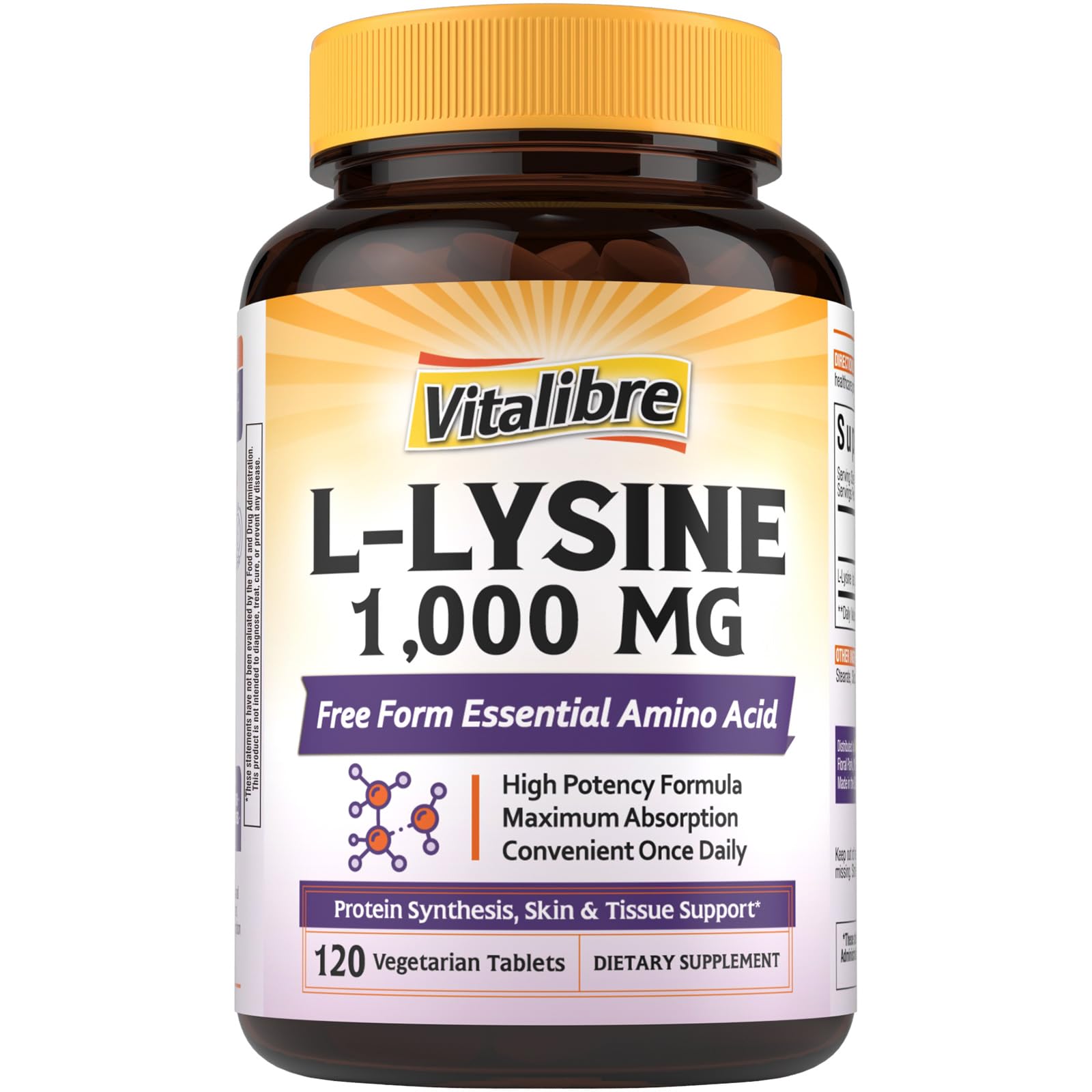 Vitalibre L-Lisina 1000 mg frasco de tabletas para apoyo inmunitario diario.