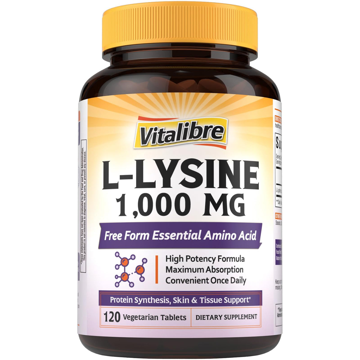 Vitalibre L-Lisina 1000 mg frasco de tabletas para apoyo inmunitario diario.