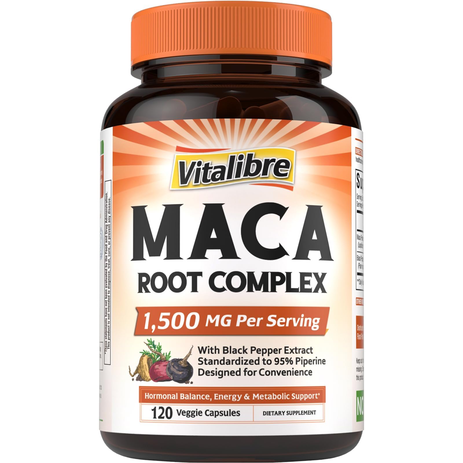 Vitalibre Maca 1500mg: cápsulas frente para energía sostenida.