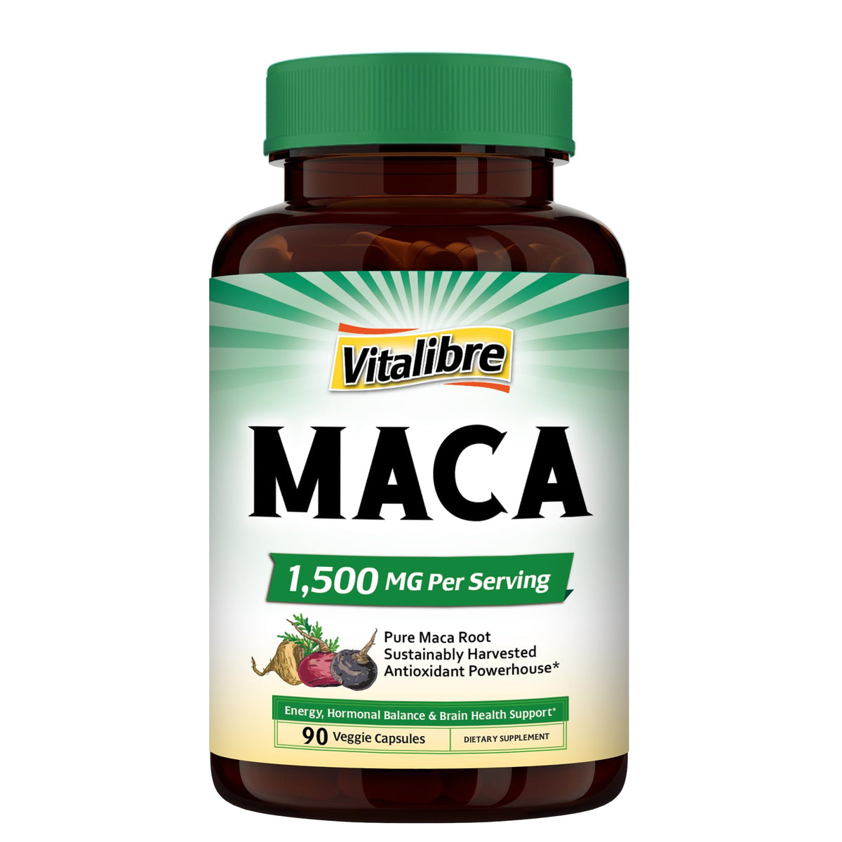 Vitalibre Maca: cápsulas de 1500 mg, energía sostenida para el día.