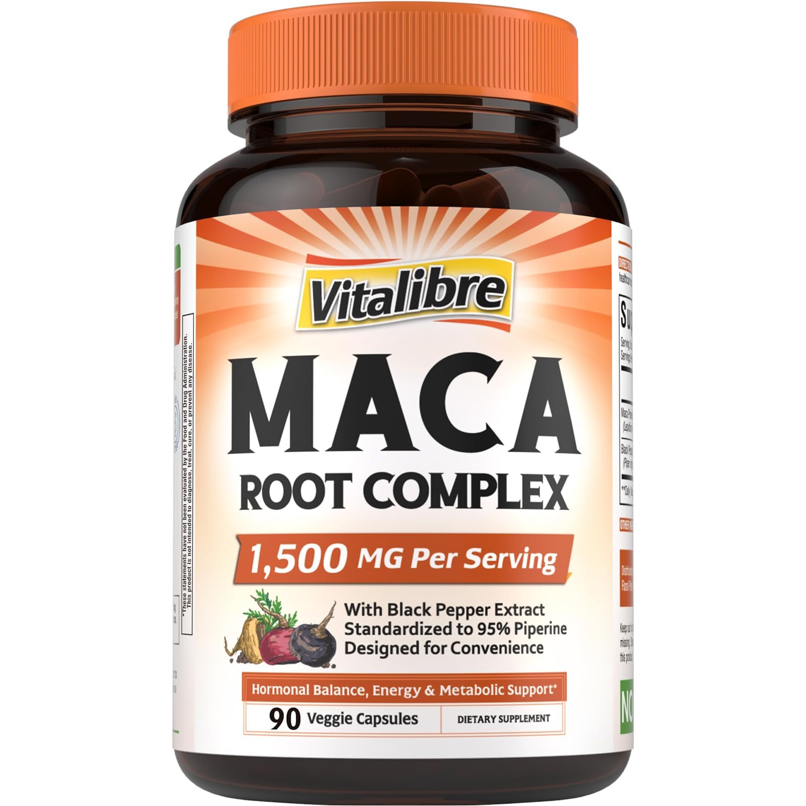 Vitalibre Maca en botella de cápsulas para uso diario y energía sostenida.