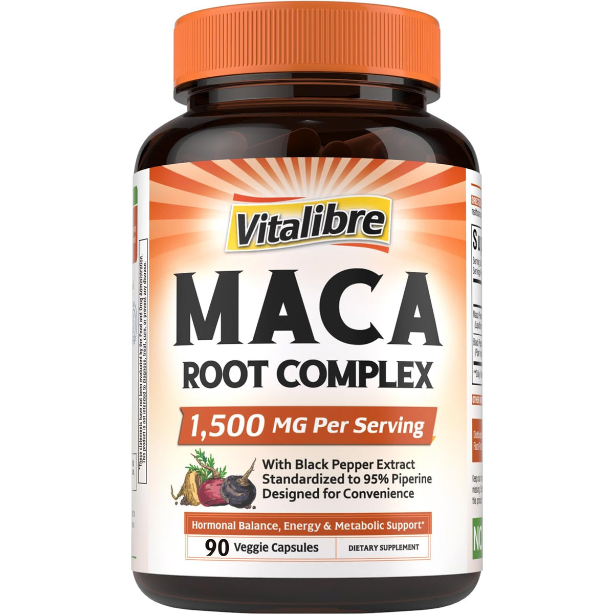 Vitalibre Maca en botella de cápsulas para uso diario y energía sostenida.